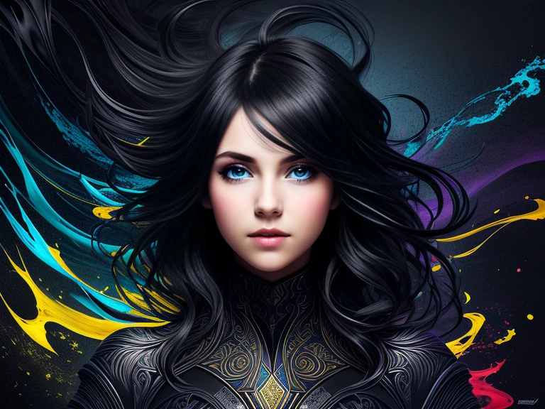 Colorful beautiful girl: 28-years old, messy hair, oil painting, nice perfect face with soft skin, nice perfect face, blue and yellow colors, light purple and violet additions, light red additions, intricate detail, splash screen, 8k resolution, masterpiece, cute face,artstation digital painting smooth veryBlack ink flow: 8k resolution photorealistic masterpiece: intricately detailed fluid gouache painting: by Jean Baptiste Mongue: calligraphy: acrylic: watercolor art, professional photography, natural lighting, volumetric lighting maximalist photoillustration: by marton bobzert:, complex, elegant, expansive, fantastical, wavy hair, vibrant, Best quality details, realistic, High definition, High quality texture, epic lighting, Cinematic film still, 8k, soft lighting, anime style, masterful playing card border, random Colorful art, oil painting, blue yellow colors, light purple and violet additions, light red additions, intricate detail, splash screen, 8k resolution, masterpiece, artstation digital painting smooth veryBlack ink flow: 8k resolution photorealistic masterpiece: intricately detailed fluid gouache painting: by Jean Baptiste Mongue: calligraphy: acrylic: watercolor art, professional photography, natural lighting, volumetric lighting maximalist photoillustration: by marton bobzert:, complex, elegant, expansive, fantastical, vibrant, ((dark plain black background:1.4))