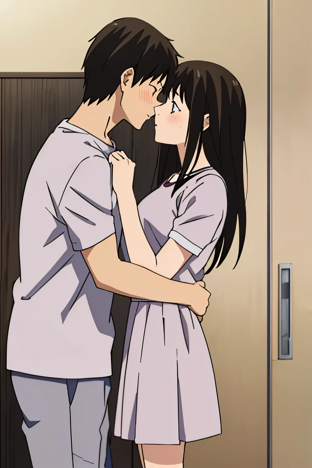 1boy, buzzcut, 1girl, bangs, black hair, blush, medium breast, gym short sleeve white shirt, gym shorts, face to face, boy hold girl shoulder ,cute, couple, adorable, forced kiss, boy closed eye, girl open eyes,