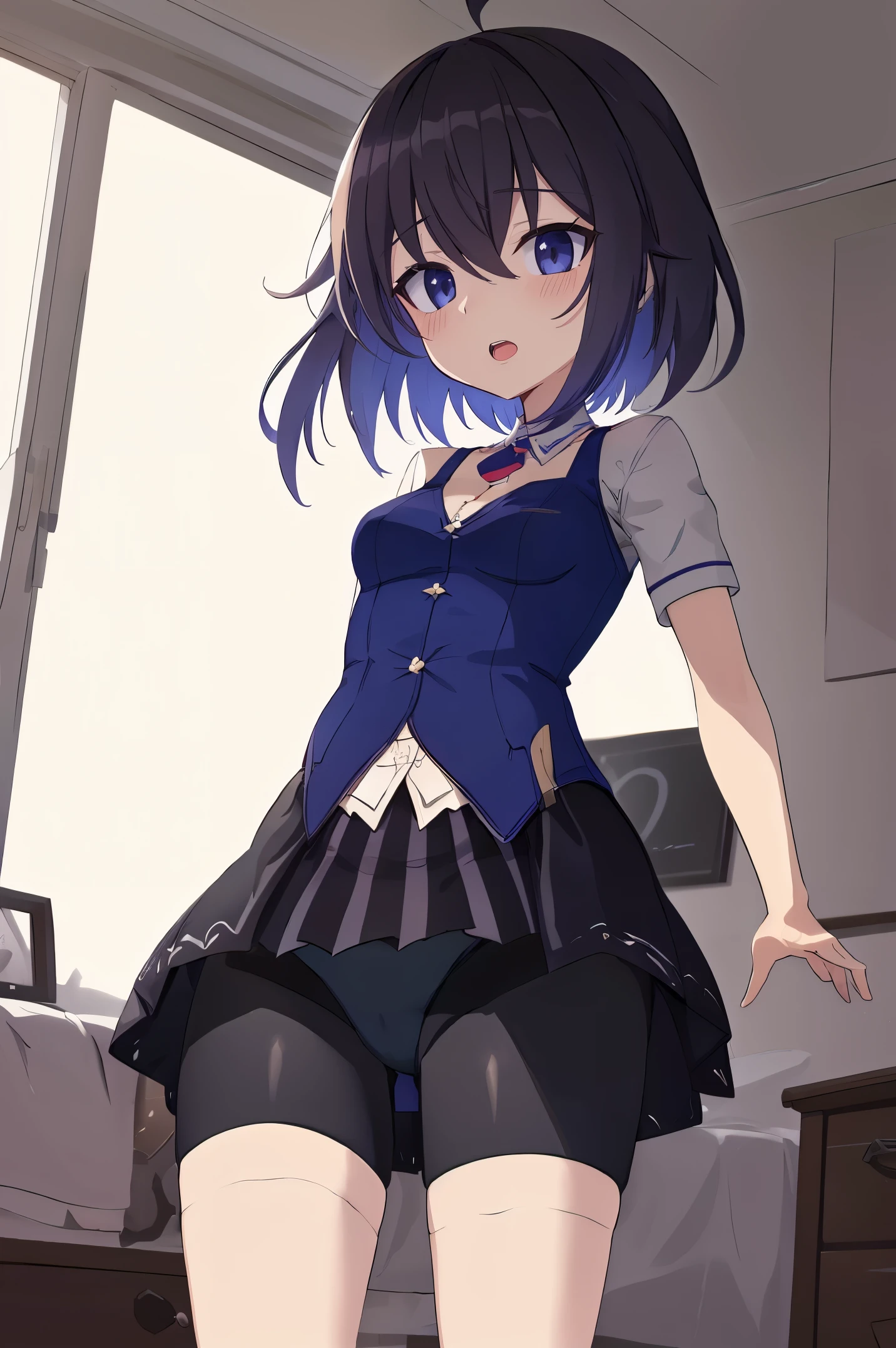 1 girl, best quality, ultra high res, ahoge, Seele Vollerei, looking at viewers, medium breast, standing, smile, small body, open mouth, azure memories, short sleeves, Bike Shorts, bedroom, white bed sheets, pov, chest  tattoo, Skirt, Bike Shorts Under Skirt, 