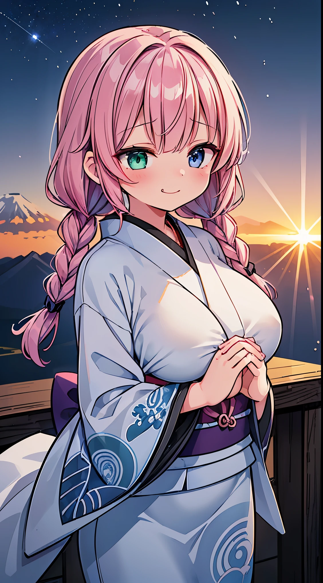 (masterpiece, top quality, best quality, official art, beautiful and aesthetic:1.2),ultra-detailed,intricate details,amazing illustration,award-winning art,atmospheric,
BREAK, one beautiful girl, (17 year old girl),alone,(cute系:1.5),(Chibi:0.6),(cute:1.5),(upon:0.5),break,(17 year old girl), one beautiful girl,very detailed,Colorful,best details,transparent skin,Shining beautiful skin,shy,very detailed,Colorful,best details,break,transparent skin,Shining beautiful skin,shy skin,break,(heterochromia,blue eyes,green eyes, eye highlights,first ultrafine star:1.45),star eye silhouette ,break,(pink hair, medium length:1.4),(twin braids,slightly curly hair,princess cut, crossed bangs:1.3),(big breasts,beautiful breasts,big breasts:1.5),(long eyelashes, double eyelid:1.2),alone,glowing skin, transparent skin, Shining beautiful skin,(highest quality face),(highest qualityの輝く目),(smug face,brave face:1.45) , , BREAK,
(A girl watching the sunrise from the mountaintop, Mt. Fuji,The sunrise, beautiful sunrise:1.7),
(A properly shaped kimono with a detailed and beautiful pattern:1.5),
BREAK , snowing, crowed people in the background,(closed eyes, praying with hands together:1.35), (girl in a kimono with fur visiting a shrine where a statue of a dragon is enshrined:1.2), BREAK,wakame,wakame,wakame,(Cowboy Shot:1.4),
BREAK,(Blurry background:1.3),(absurderes, hight resolution, Super Detail Art),cel shading,Clear Color, Lonely optical effect, Beautiful pictures, Bright glow, mystic atmosphere,(Close-up of girl:1.1), Mystical light particle effect,manga influence, clean line drawings,