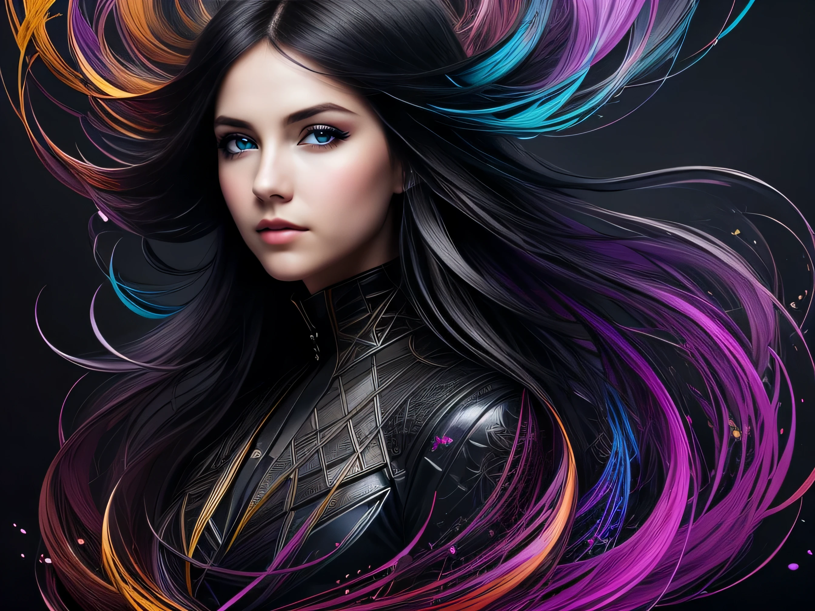 Colorful beautiful girl: 28-years old, messy hair, oil painting, nice perfect face with soft skin, nice perfect face, blue and yellow colors, light purple and violet additions, light red additions, intricate detail, splash screen, 8k resolution, masterpiece, cute face,artstation digital painting smooth veryBlack ink flow: 8k resolution photorealistic masterpiece: intricately detailed fluid gouache painting: by Jean Baptiste Mongue: calligraphy: acrylic: watercolor art, professional photography, natural lighting, volumetric lighting maximalist photoillustration: by marton bobzert:, complex, elegant, expansive, fantastical, wavy hair, vibrant, Best quality details, realistic, High definition, High quality texture, epic lighting, Cinematic film still, 8k, soft lighting, anime style, masterful playing card border, random Colorful art, oil painting, blue yellow colors, light purple and violet additions, light red additions, intricate detail, splash screen, 8k resolution, masterpiece, artstation digital painting smooth veryBlack ink flow: 8k resolution photorealistic masterpiece: intricately detailed fluid gouache painting: by Jean Baptiste Mongue: calligraphy: acrylic: watercolor art, professional photography, natural lighting, volumetric lighting maximalist photoillustration: by marton bobzert:, complex, elegant, expansive, fantastical, vibrant, ((dark plain black background:1.4))