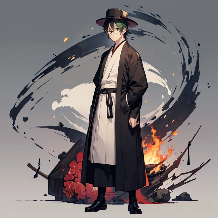 A 35 years old Japanese man, wearing a white dress shirt, brown kimono, a black long mantle, a boots, a hat, grumpy facial expression, has an opened Japanese traditional fan, in a Taisho era, wearing a round glasses, standing with his arms folded, sharp pale green eyes, very short black hair