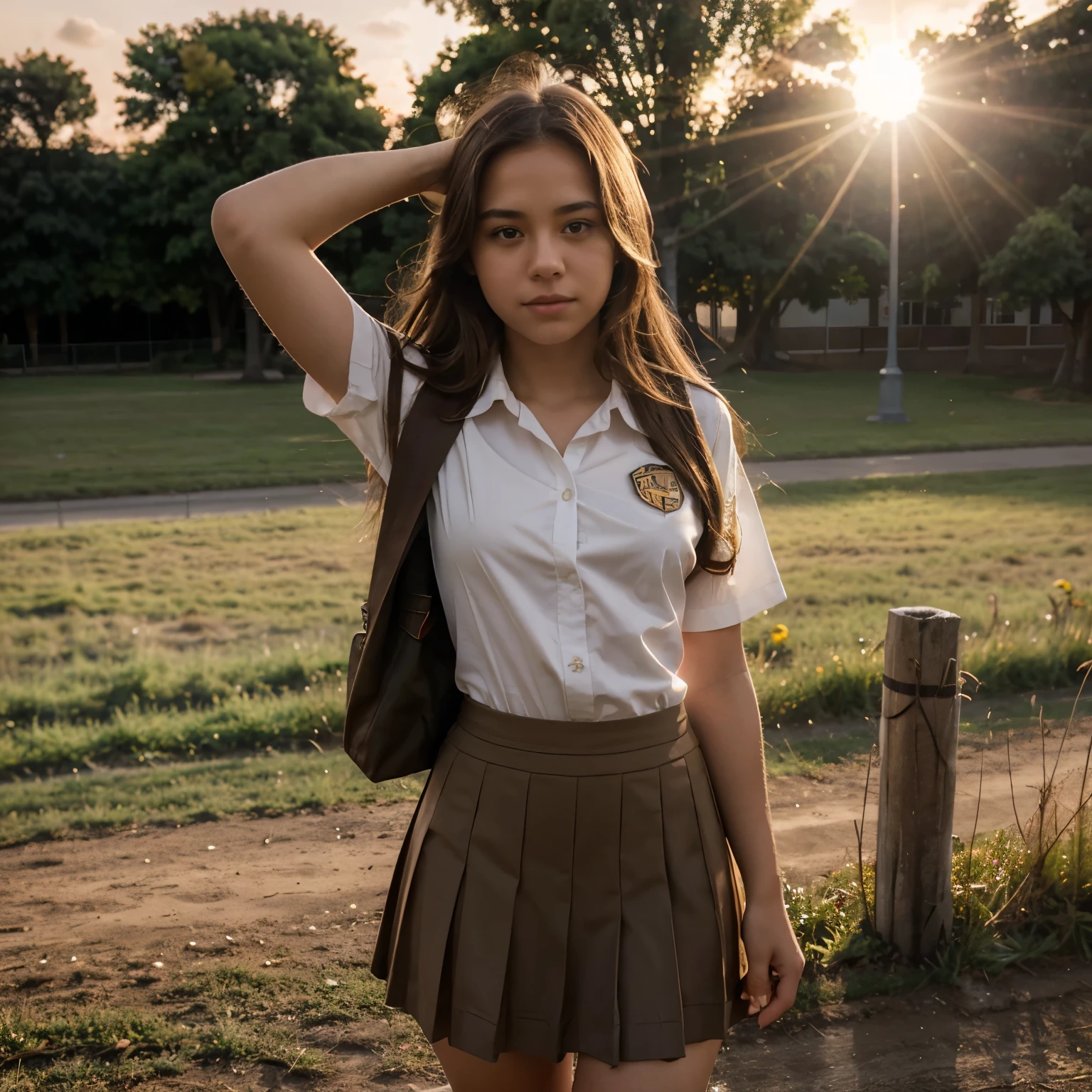 , 1girl, solo, outdoors, skirt, brown, hair, sunset, lens, flare, scenery, school, uniform, sun, wind,