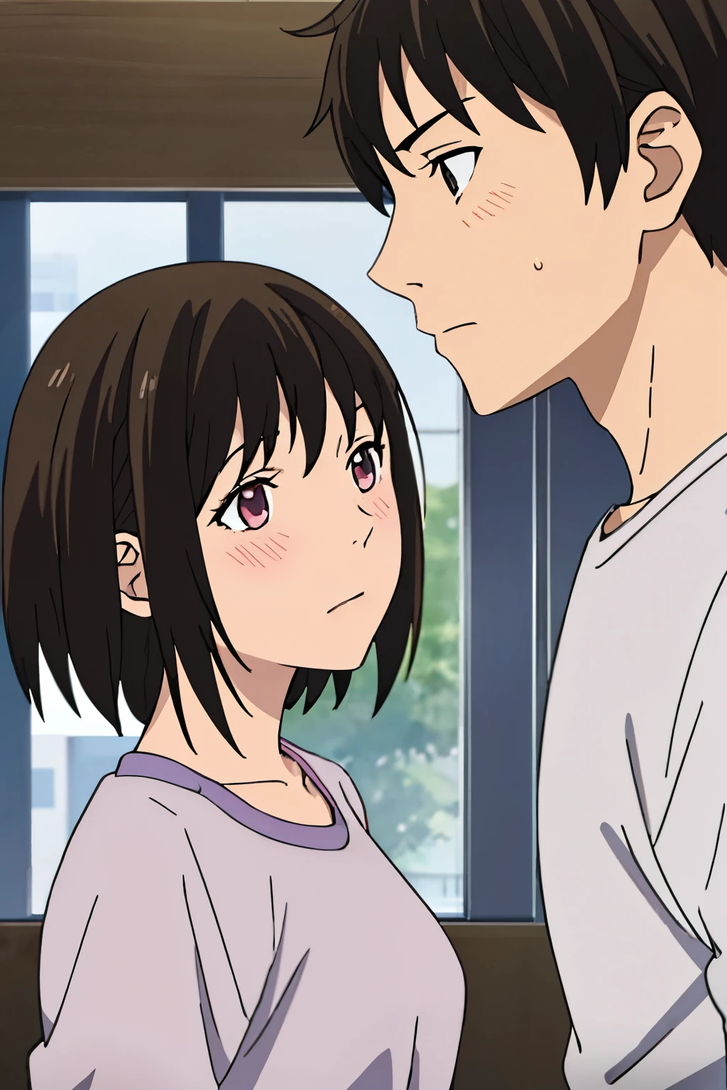  1boy, buzzcut, 1girl, bangs, black hair, blush, medium breast, gym short sleeve white shirt, gym shorts, face to face, boy hold girl shoulder ,cute, couple, adorable, forced kiss, boy closed eye, girl open eyes,