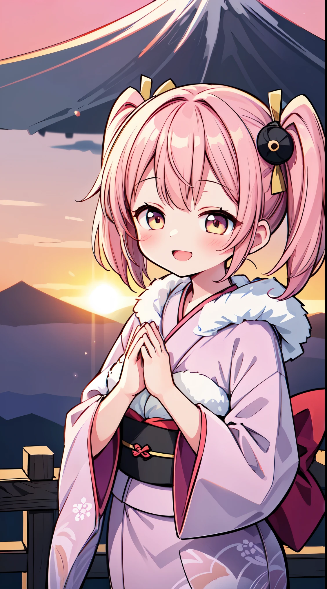 (masterpiece, top quality, best quality, official art, beautiful and aesthetic:1.2),ultra-detailed,intricate details,amazing illustration,award-winning art,atmospheric,
BREAK, 1 beautiful girl, Solo,(Cute:1.5),(Chibi:0.8), (kawaii:1.5),(Lori:0.5), BREAK, (girl, Cute, Cheerful, Loli face, medium breasts:1.2),(Pink hair,disheveled short twin tails,tareme,Gold eyes:1.45),gleaming skin,Clear skin, cleavage of the breast,Beautiful , gleaming skin,Clear skin, Beautiful skin,( A smile:1.5),(best quality face), , BREAK,
(A girl watching the sunrise from the mountaintop, Mt. Fuji,The sunrise, beautiful sunrise:1.7),
(A properly shaped kimono with a detailed and beautiful pattern:1.5),
BREAK , snowing, crowed people in the background,(closed eyes, praying with hands together:1.35), (girl in a kimono with fur visiting a shrine where a statue of a dragon is enshrined:1.2), BREAK,wakame,wakame,wakame,(Cowboy Shot:1.4),
BREAK,(Blurry background:1.3),(absurderes, hight resolution, Super Detail Art),cel shading,Clear Color, Lonely optical effect, Beautiful pictures, Bright glow, mystic atmosphere,(Close-up of girl:1.1), Mystical light particle effect,manga influence, clean line drawings,