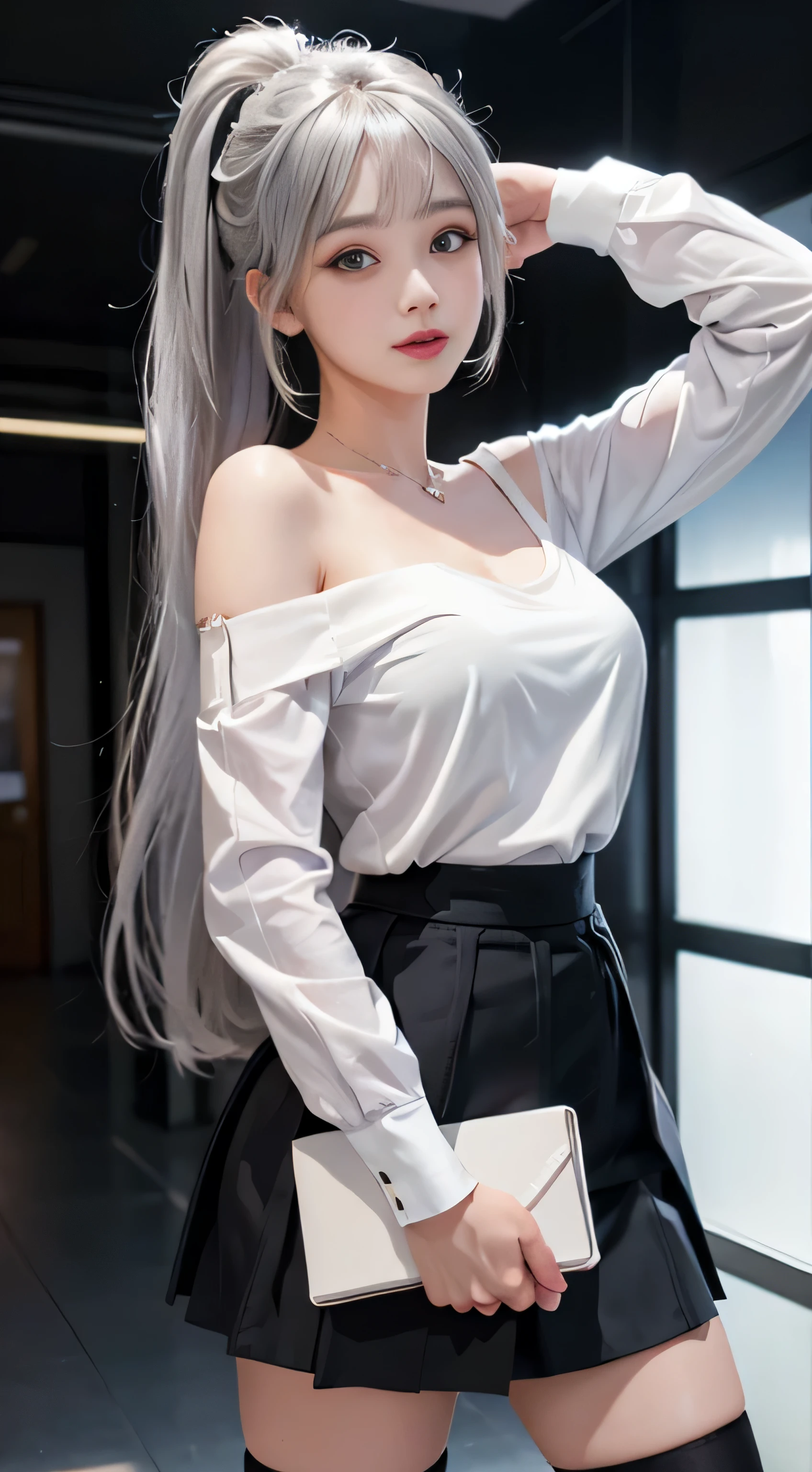 （girl standing in office room）、（（Rear view））, silver hair, bangs, 鈍いbangs, long straight hair, （side ponytail）aqua eye, long eyelashes, three-dimensional round eyes, compensate, open your mouth, blush, parted lips, bright pupils, smiley, enchanting smile, shine, surrealism, modern,career woman、）lou（white shirt、off shoulder tight skirt、black pantyhose、high heels、(ホワイトlouスクロップトップ, black tight skirt: 1.6)、（wearing glasses）、