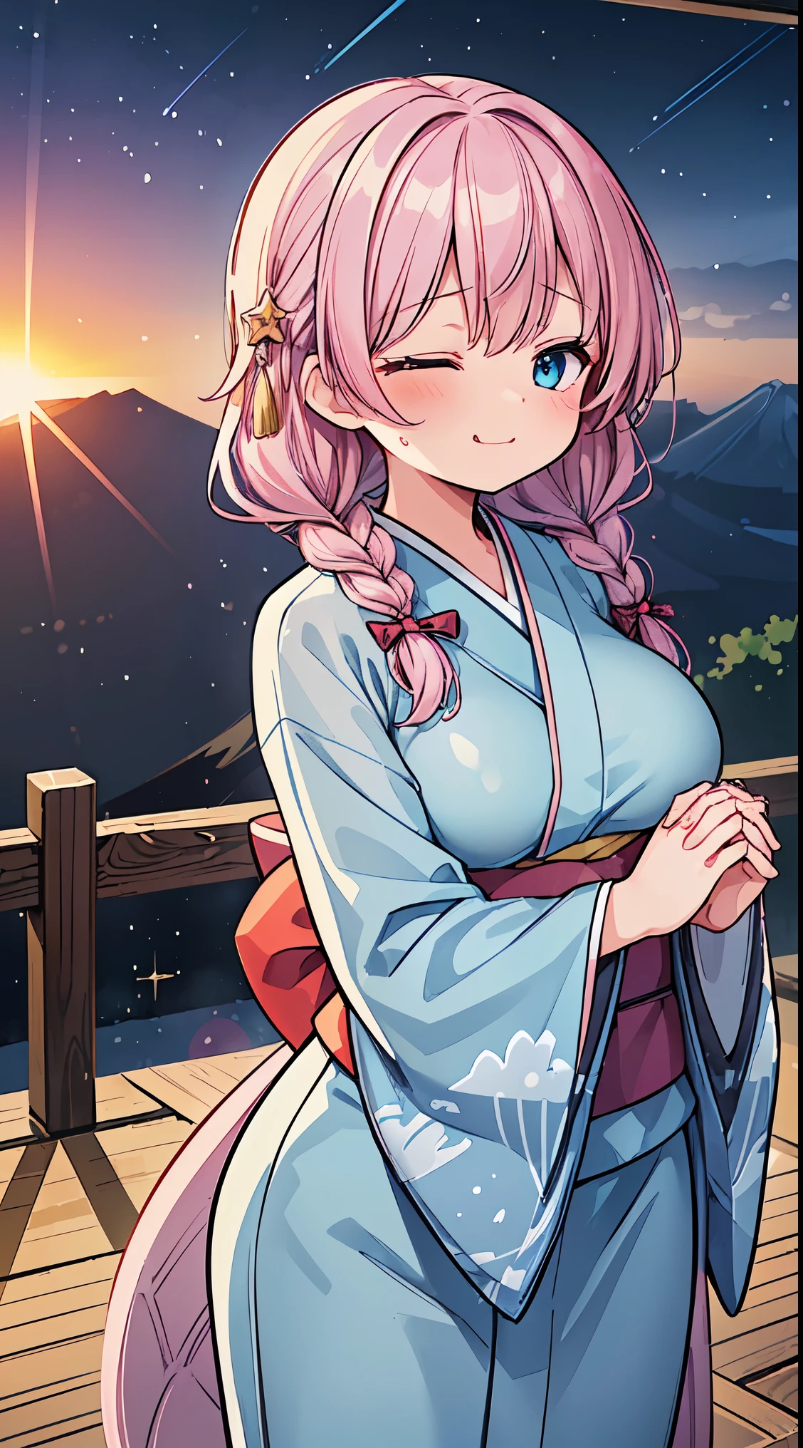 (masterpiece, top quality, best quality, official art, beautiful and aesthetic:1.2),ultra-detailed,intricate details,amazing illustration,award-winning art,atmospheric,
BREAK, one beautiful girl, (17 year old girl),alone,(cute系:1.5),(Chibi:0.6),(cute:1.5),(upon:0.5),break,(17 year old girl), one beautiful girl,very detailed,Colorful,best details,transparent skin,Shining beautiful skin,shy,very detailed,Colorful,best details,break,transparent skin,Shining beautiful skin,shy skin,break,(heterochromia,blue eyes,green eyes, eye highlights,first ultrafine star:1.45),star eye silhouette ,break,(pink hair, medium length:1.4),(twin braids,slightly curly hair,princess cut, crossed bangs:1.3),(big breasts,beautiful breasts,big breasts:1.5),(long eyelashes, double eyelid:1.2),alone,glowing skin, transparent skin, Shining beautiful skin,(highest quality face),(highest qualityの輝く目),(smug face,brave face:1.45) , , BREAK,
(A girl watching the sunrise from the mountaintop, Mt. Fuji,The sunrise, beautiful sunrise:1.7),
(A properly shaped kimono with a detailed and beautiful pattern:1.5),
BREAK , snowing, crowed people in the background,(closed eyes, praying with hands together:1.35), (girl in a kimono with fur visiting a shrine where a statue of a dragon is enshrined:1.2), BREAK,wakame,wakame,wakame,(Cowboy Shot:1.4),
BREAK,(Blurry background:1.3),(absurderes, hight resolution, Super Detail Art),cel shading,Clear Color, Lonely optical effect, Beautiful pictures, Bright glow, mystic atmosphere,(Close-up of girl:1.1), Mystical light particle effect,manga influence, clean line drawings,