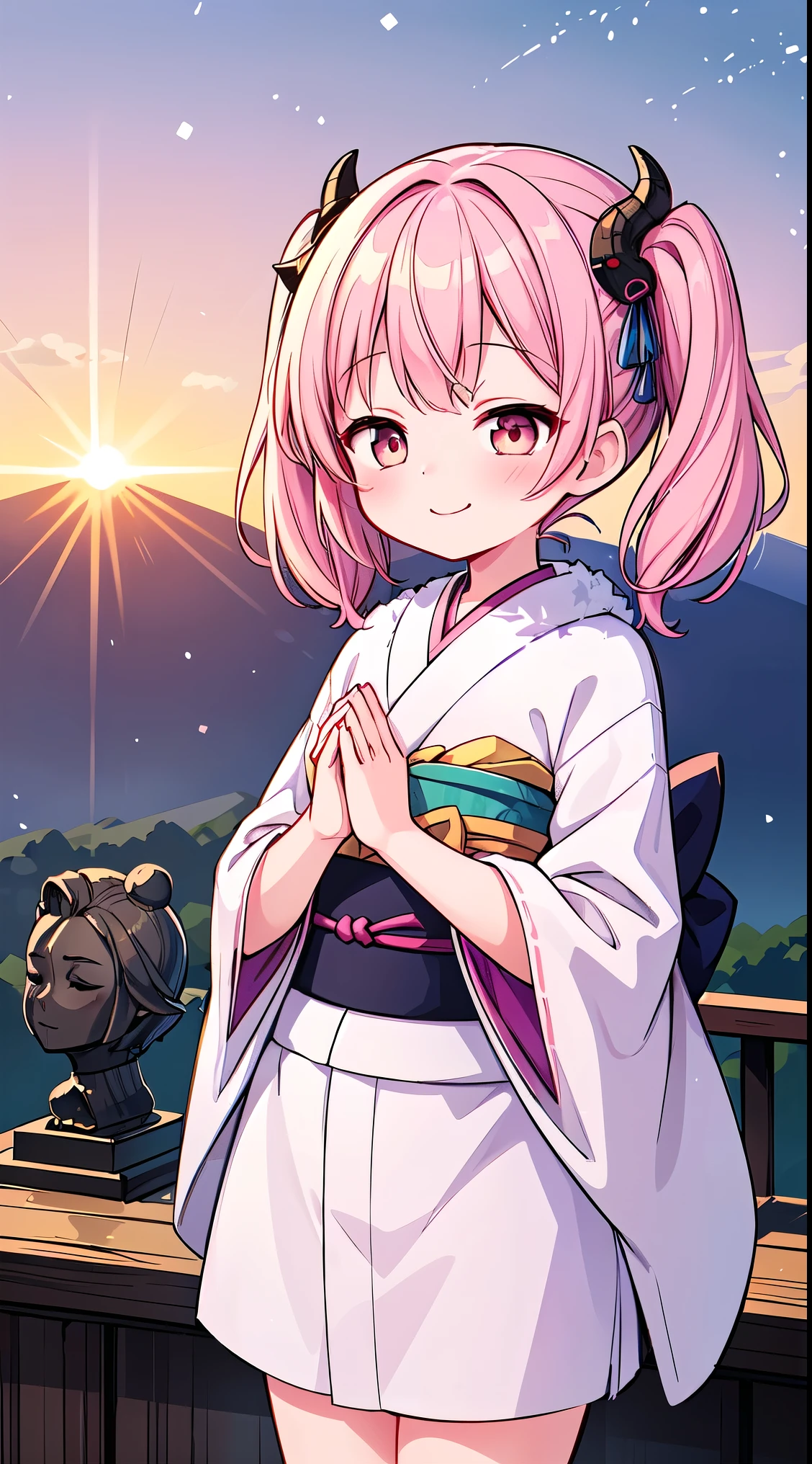(masterpiece, top quality, best quality, official art, beautiful and aesthetic:1.2),ultra-detailed,intricate details,amazing illustration,award-winning art,atmospheric, 
BREAK, 1 beautiful girl, Solo,(Cute:1.5),(Chibi:0.8), (kawaii:1.5),(Lori:0.5), BREAK, (girl, Cute, Cheerful, Loli face, medium breasts:1.2),(Pink hair,disheveled short twin tails,tareme,Gold eyes:1.45),gleaming skin,Clear skin, cleavage of the breast,Beautiful , gleaming skin,Clear skin, Beautiful skin,( A smile:1.5),(best quality face), , BREAK,
(A girl watching the sunrise from the mountaintop, Mt. Fuji,The sunrise, beautiful sunrise:1.7),

(A properly shaped kimono with a detailed and beautiful pattern:1.5),

BREAK , snowing, crowed people in the background,(closed eyes, praying with hands together:1.35), (girl in a kimono with fur visiting a shrine where a statue of a dragon is enshrined:1.2), BREAK,wakame,wakame,wakame,(Cowboy Shot:1.4),

BREAK,(Blurry background:1.3),(absurderes, hight resolution, Super Detail Art),cel shading,Clear Color, Lonely optical effect, Beautiful pictures, Bright glow, mystic atmosphere,(Close-up of girl:1.1), Mystical light particle effect,manga influence, clean line drawings,