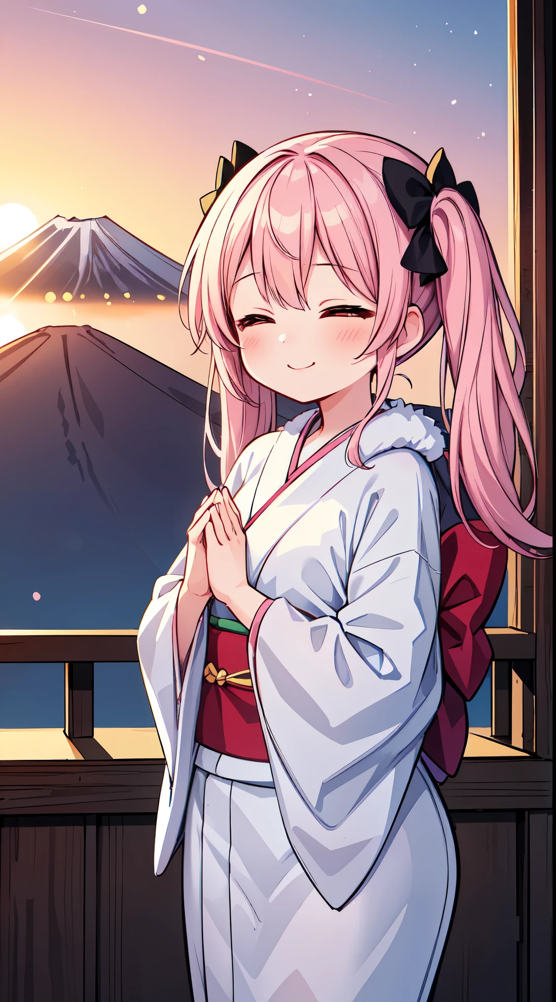 (masterpiece, top quality, best quality, official art, beautiful and aesthetic:1.2),ultra-detailed,intricate details,amazing illustration,award-winning art,atmospheric,
BREAK, 1 beautiful girl, Solo,(Cute:1.5),(Chibi:0.8), (kawaii:1.5),(Lori:0.5), BREAK, (girl, Cute, Cheerful, Loli face, medium breasts:1.2),(Pink hair,disheveled short twin tails,tareme,Gold eyes:1.45),gleaming skin,Clear skin, cleavage of the breast,Beautiful , gleaming skin,Clear skin, Beautiful skin,( A smile:1.5),(best quality face), , BREAK,
(A girl watching the sunrise from the mountaintop, Mt. Fuji,The sunrise, beautiful sunrise:1.7),
(A properly shaped kimono with a detailed and beautiful pattern:1.5),
BREAK , snowing, crowed people in the background,(closed eyes, praying with hands together:1.35), (girl in a kimono with fur visiting a shrine where a statue of a dragon is enshrined:1.2), BREAK,wakame,wakame,wakame,(Cowboy Shot:1.4),
BREAK,(Blurry background:1.3),(absurderes, hight resolution, Super Detail Art),cel shading,Clear Color, Lonely optical effect, Beautiful pictures, Bright glow, mystic atmosphere,(Close-up of girl:1.1), Mystical light particle effect,manga influence, clean line drawings,