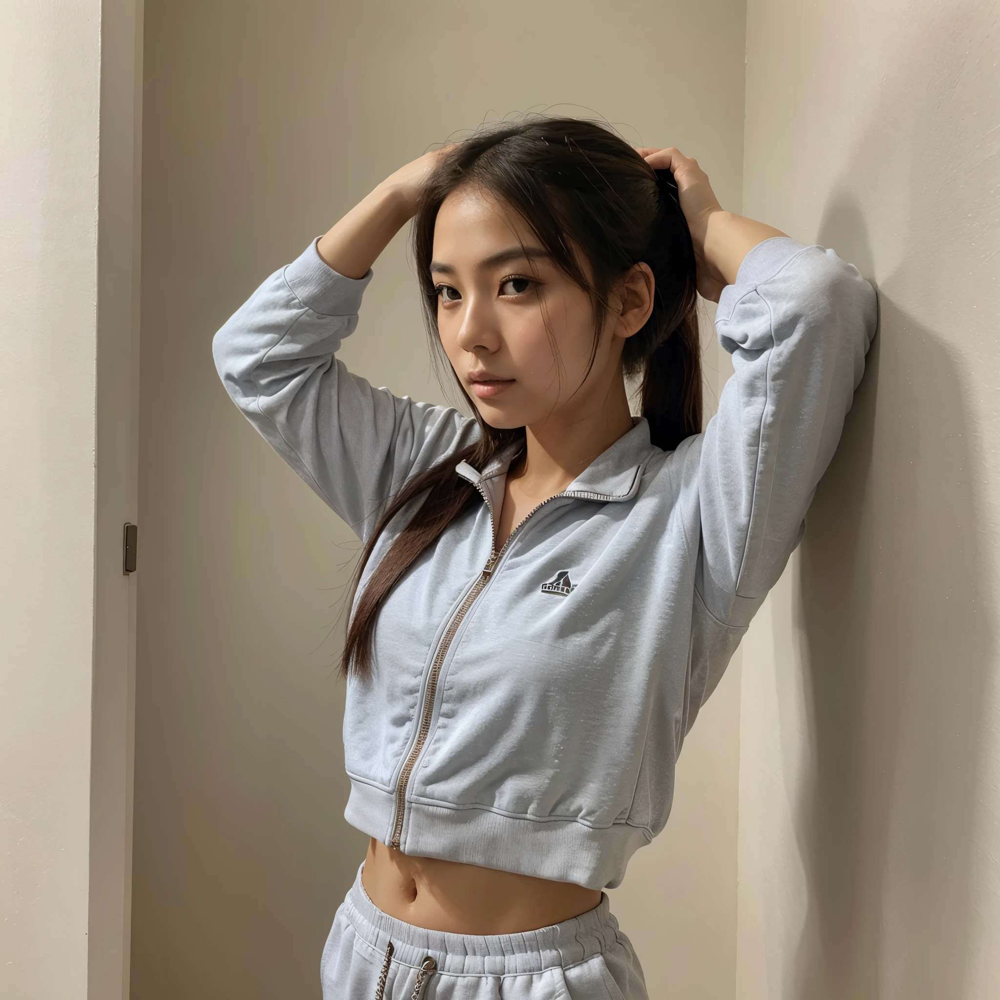 Beautiful Asian girl standing in tracksuit in the corner holding her hands behind her head