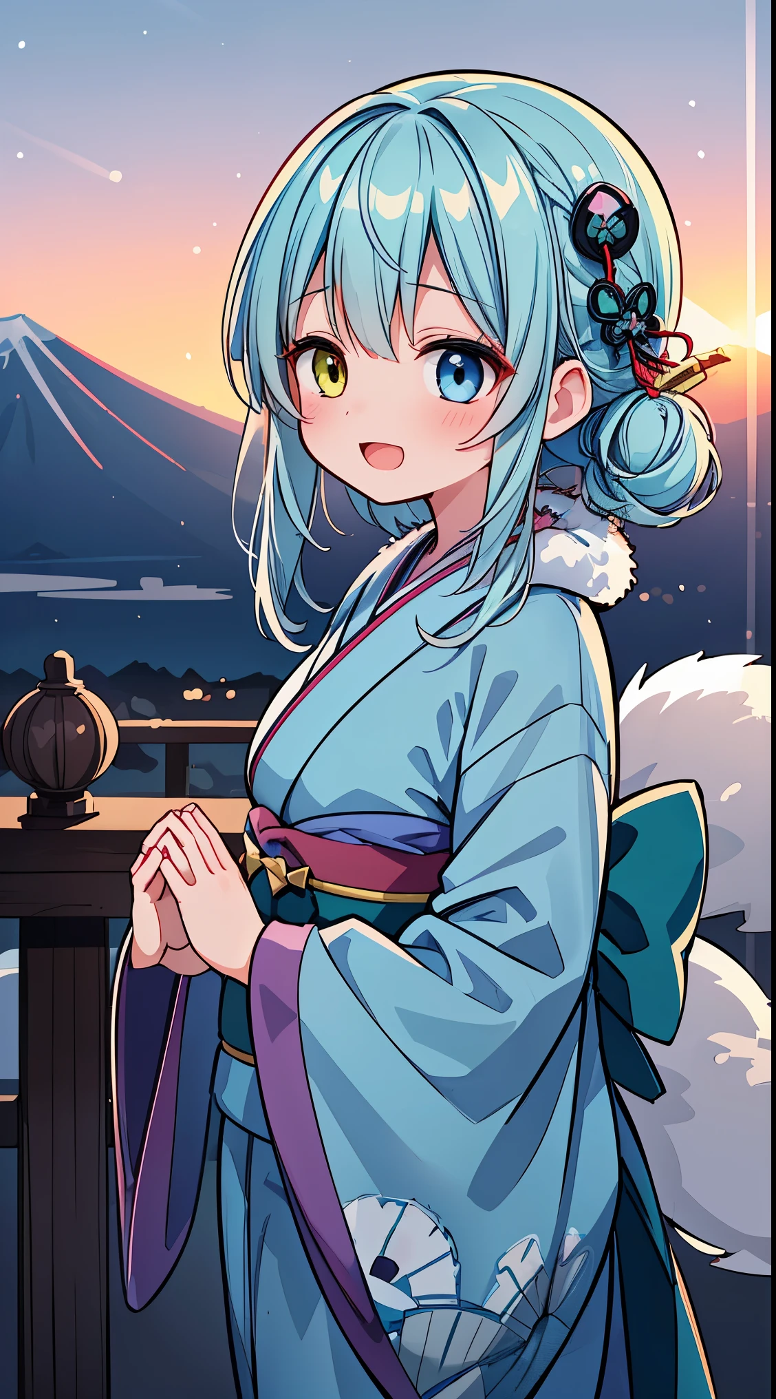 (masterpiece, top quality, best quality, official art, beautiful and aesthetic:1.2),ultra-detailed,intricate details,amazing illustration,award-winning art,atmospheric,
BREAK, 1 beautiful girl, ( girl),Solo,(Cute:1.5),(Chibi:0.6),(kawaii:1.5),(Lori:0.5),BREAK,(17 years oldautiful girl,Very detailed,colourfull,highest details,Clear skin,Beautiful skin,Shy,Very detailed,colourfull,highest details,BREAK,Clear skin,Beautiful skin,Shy skin,BREAK,(Heterochromia,blue eyes,Green eyes, Eye Highlights,The first hyperfine stars:1.45),star eye silhouette ,BREAK,(pale blue hair, Medium length:1.4),(side ponytail,A little curly hair,Princess Cut, crossed bangs:1.3),(large breasts,Beautiful breasts(best quality face),(Top quality glowing eyes),(The best smile,:D:1.45), BREAK,
(A girl watching the sunrise from the mountaintop, Mt. Fuji,The sunrise, beautiful sunrise:1.7),
(A properly shaped kimono with a detailed and beautiful pattern:1.5),
BREAK , snowing, crowed people in the background,(closed eyes, praying with hands together:1.35), (girl in a kimono with fur visiting a shrine where a statue of a dragon is enshrined:1.2), BREAK,wakame,wakame,wakame,(Cowboy Shot:1.4),
BREAK,(Blurry background:1.3),(absurderes, hight resolution, Super Detail Art),cel shading,Clear Color, Lonely optical effect, Beautiful pictures, Bright glow, mystic atmosphere,(Close-up of girl:1.1), Mystical light particle effect,manga influence, clean line drawings,