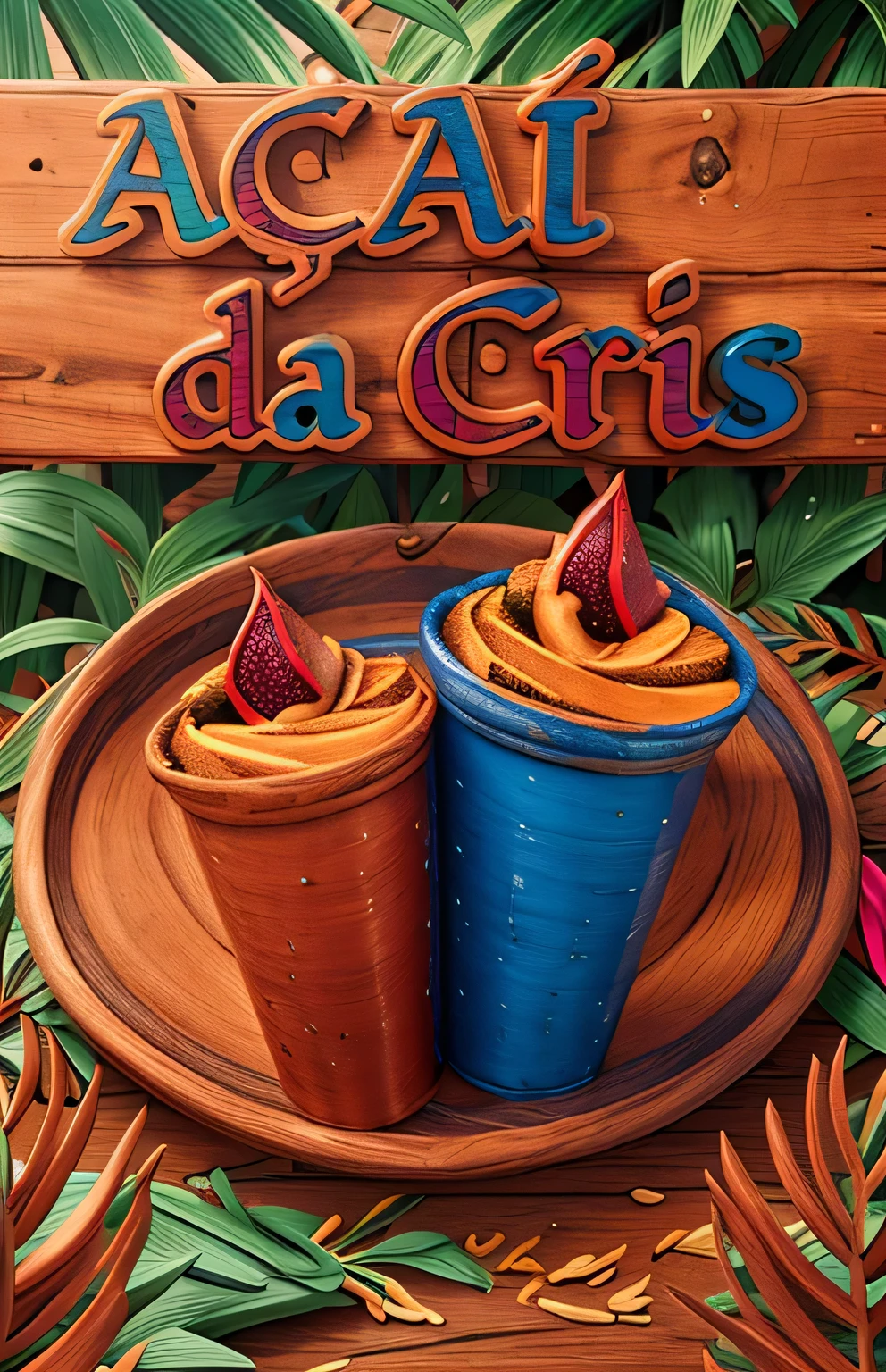(melhor qualidade, cores vivas:1.2), placa de madeira esculpida, lindas letras esculpidas, Palmeira, acai berry, cores vibrantes, textura detalhada