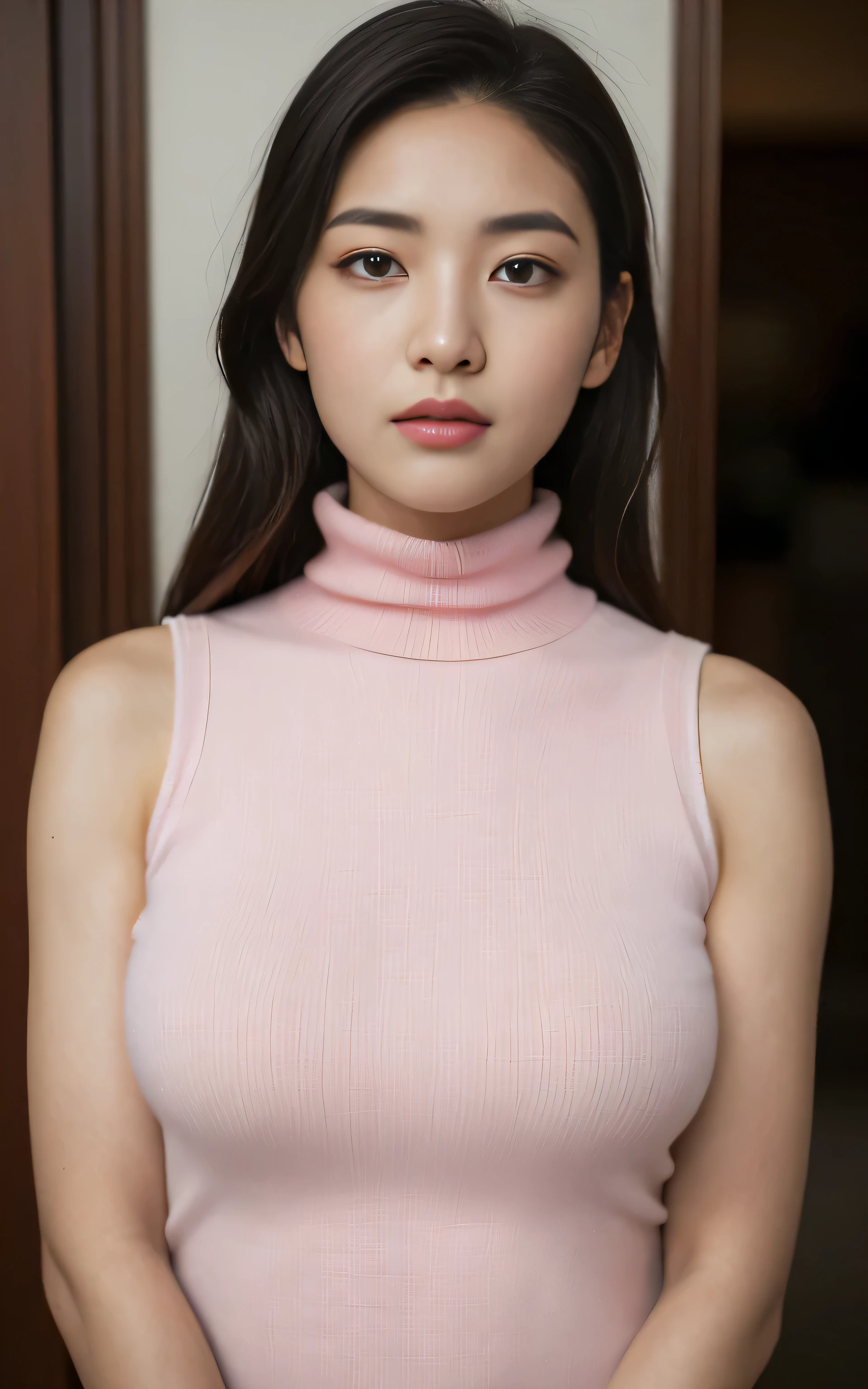 {{8K, wallpaper, with the best quality, Super detailed, masterpiece, realistic, realistic写真}}, 
break,{Highly detailed cute girl:smile, 20-year-old}, {{(sleeveless turtleneck:pink:See-through)} ,, {round eyes, big breasts}, viewers watching, {{cowboy shot}} ,