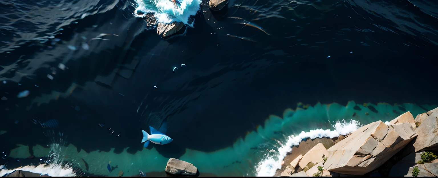 top-down view, Abundant marine elements, fish, sea waves, rocks. rendered in C4D, and fashion photography.