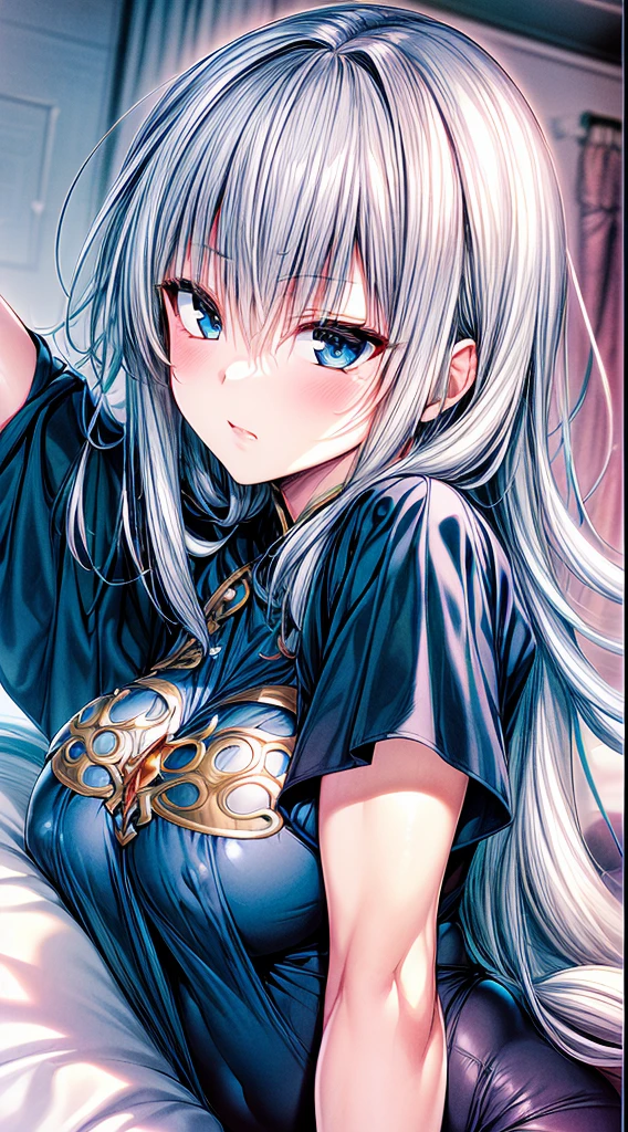 （Enrich the picture，Masterpiece level quality）Beautiful 8K CG artwork,1girl,solo,morgan le fay (fate),detailed face, perfect face, perfect eyes,blue eyes,Long Hair,Very long hair, big boob, grey hair,chuckle,Slim and soft,big breasts,in the bed,