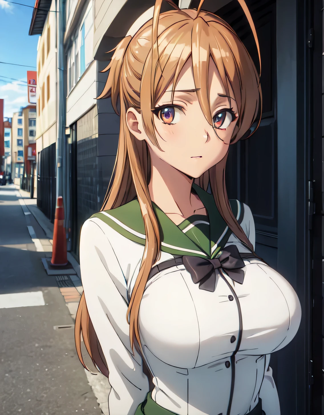 High resolution, disorganized,Rei Miyamoto, school uniform,closed mouth,(huge breasts:1.2),looking at the viewer,Are standing,((masterpiece)),((highest quality)),perfect anatomy,8K UHD,highly detailed face,luster and luster,((1 girl)),((alone)),(beautiful and fine eyes:1.5),perfect image,(Upper body:1.1),(look ahead:1.1),turn your arms behind your back,slim waist,shiny hair,outdoor,brown hair,