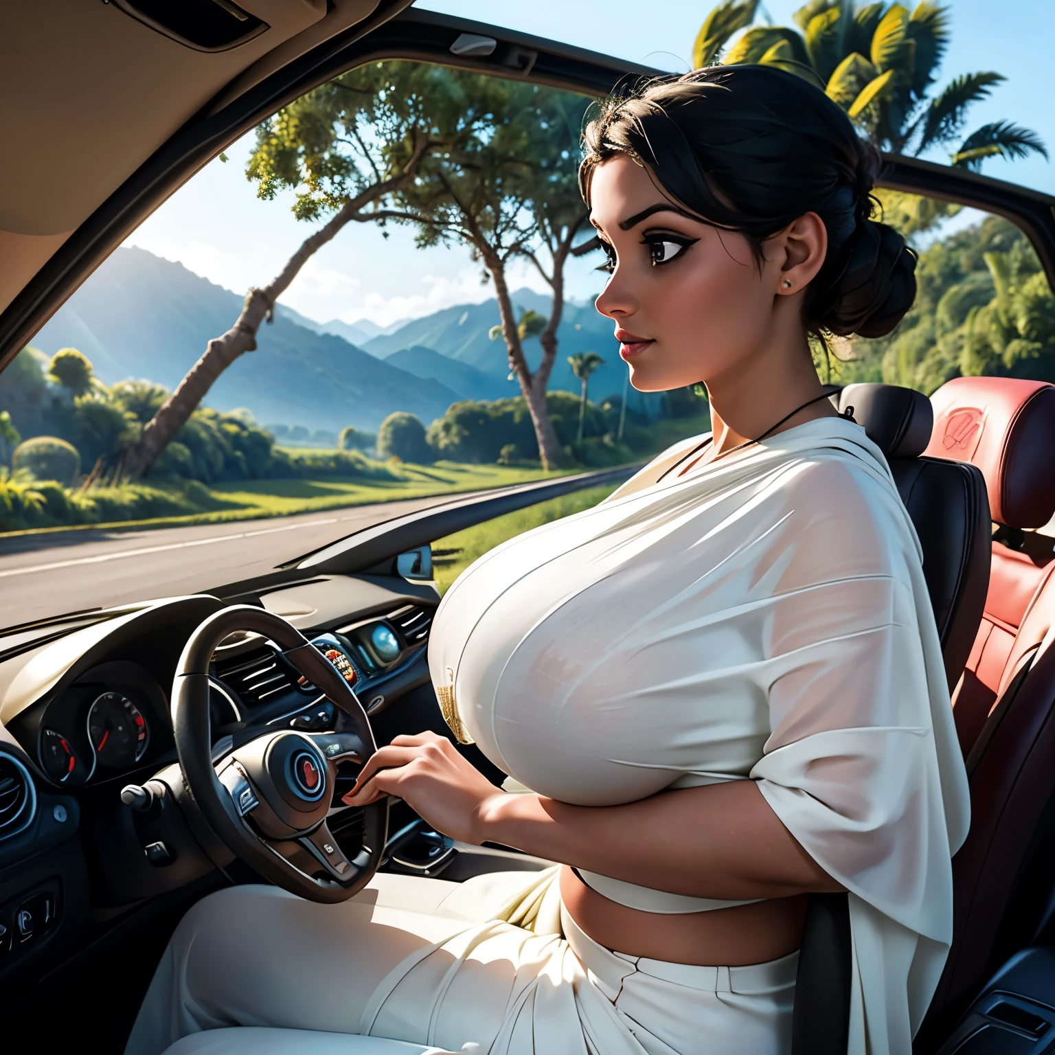 "Generate a side-view image from the passenger's perspective depicting a thick woman with huge breasts in a resplendent white saree confidently driving a car. Capture the scene on a village road within a jungle path, with her hands on the steering wheel and focused gaze ahead, blending the traditional elegance of her attire with the modern context of driving through a scenic rural setting."