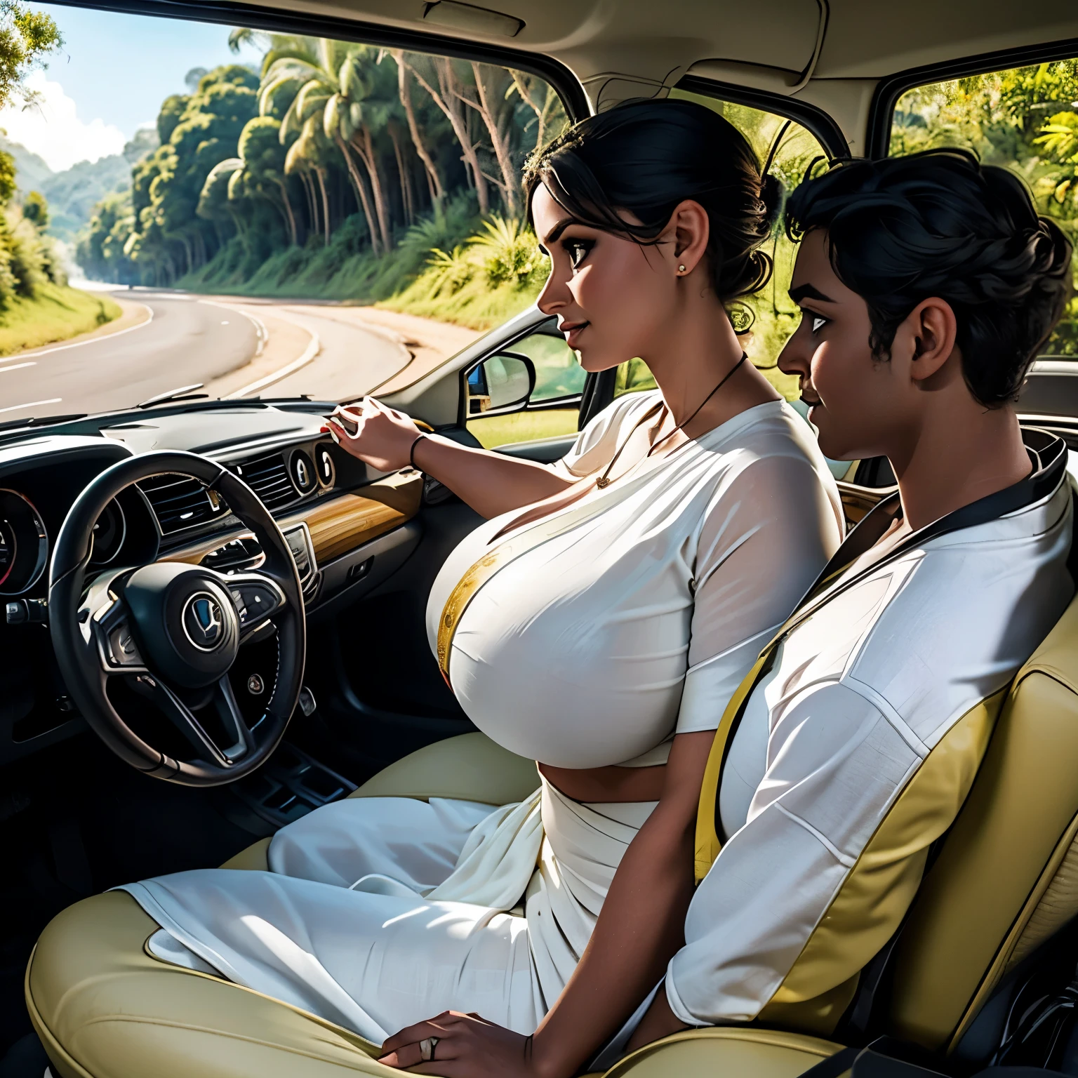 "Generate a side-view image from the passenger's perspective depicting a thick woman with huge breasts in a resplendent white saree confidently driving a car. Capture the scene on a village road within a jungle path, with her hands on the steering wheel and focused gaze ahead, blending the traditional elegance of her attire with the modern context of driving through a scenic rural setting."