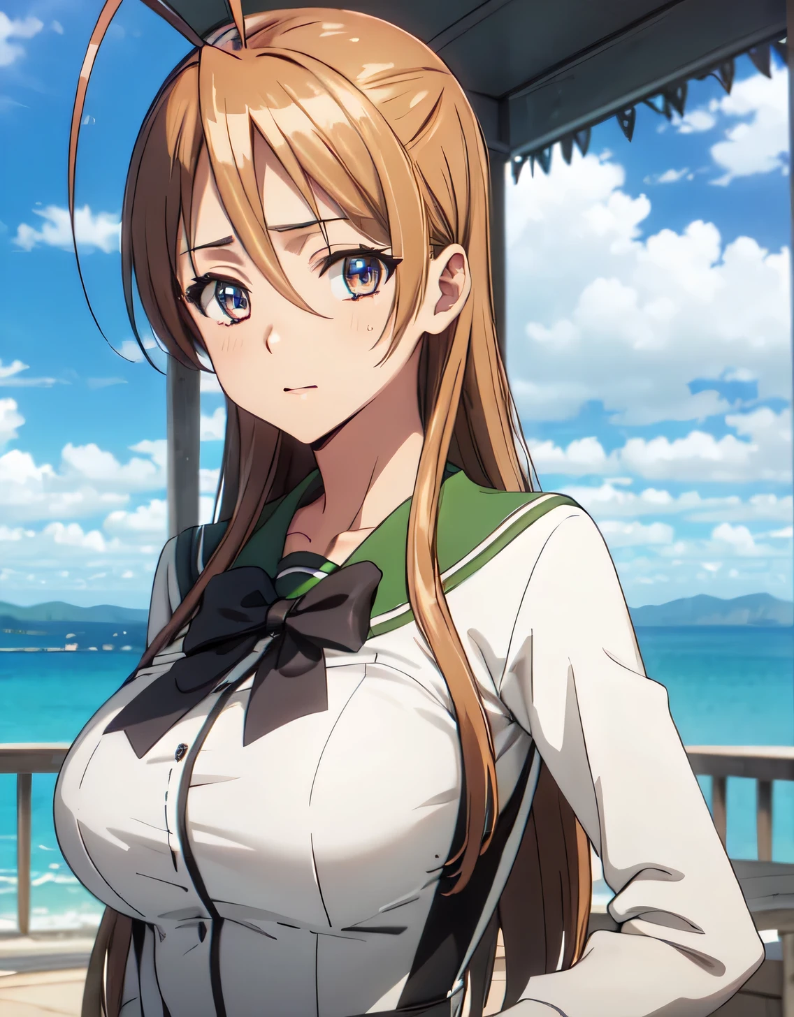 High resolution, disorganized,Rei Miyamoto, school uniform,closed mouth,(huge breasts:1.2),looking at the viewer,Are standing,((masterpiece)),((highest quality)),perfect anatomy,8K UHD,highly detailed face,luster and luster,((1 girl)),((alone)),(beautiful and fine eyes:1.5),perfect image,(Upper body:1.1),(look ahead:1.1),turn your arms behind your back,slim waist,shiny hair,outdoor,brown hair,