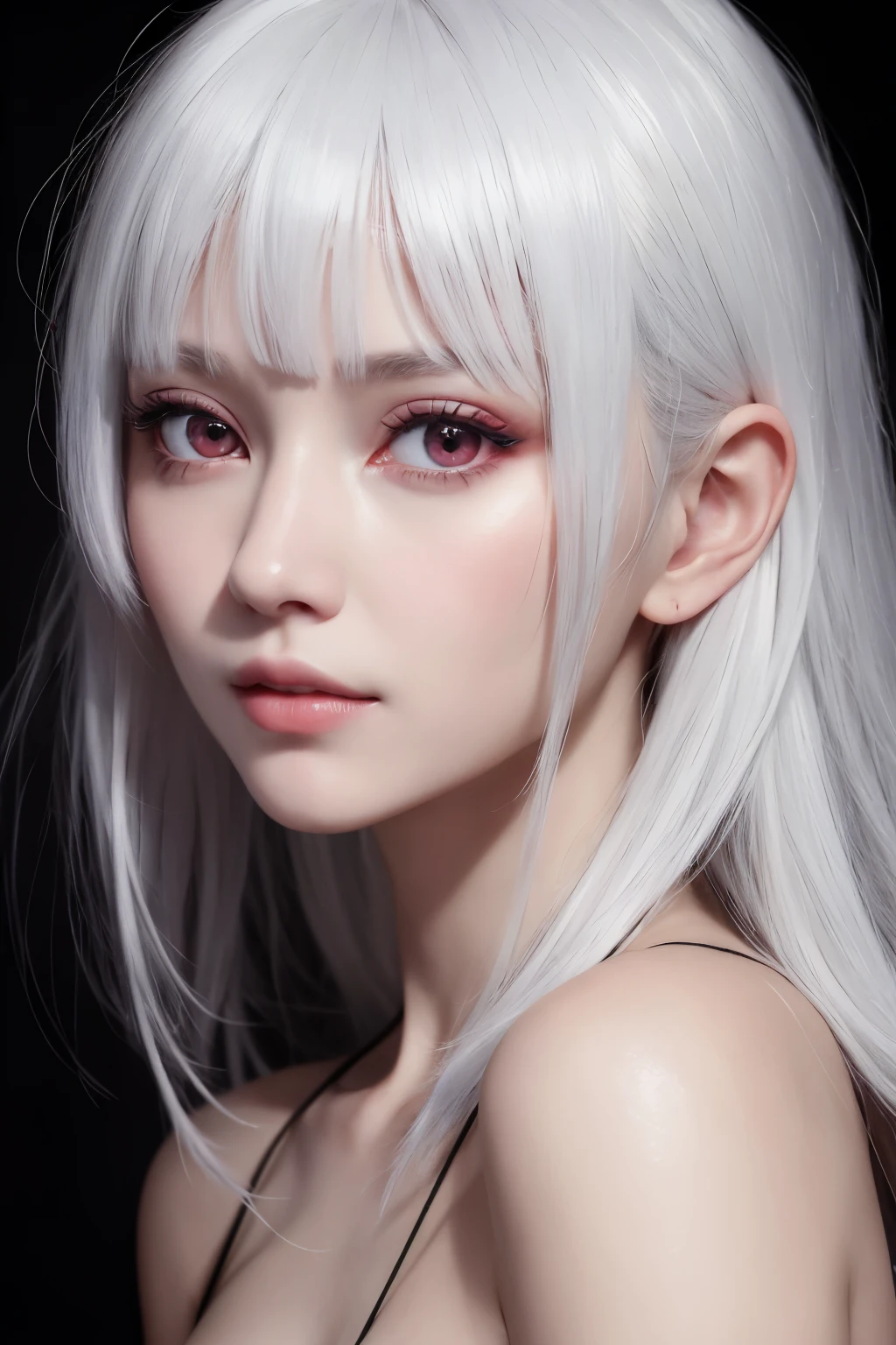 1girl, star eye, blush, perfect illumination, white hair, red eyes, unreal engine, sidelighting, detailed face, bangs, bright skin, background, dark background, bandage on the nose