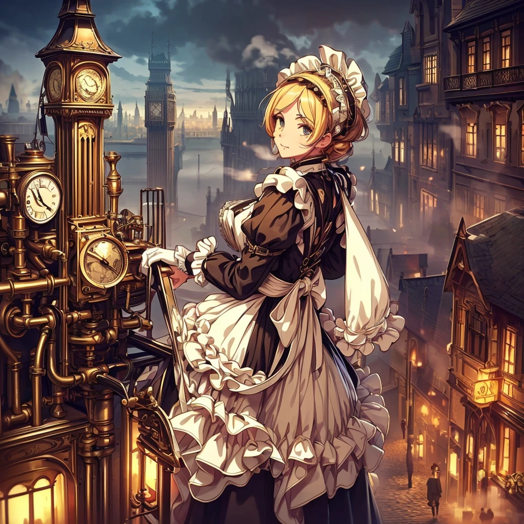 (masterpiece), best quality, expressive eyes, perfect face, ((perfect anatomy, best hands)), 1girl, (solo:1.5), a maid with a huge Winding Key at her back in steampunk style ((holding a machine)) standing on the top of stairroom, blond, gear,dial, boots, (white_apron:1.3),(maid headdress:1.3), black_dress,steampunk, gloves, belt puch, boots, suspenders, chain), (outdoors:1.5),London,street,(Victorian_era:1.5),(fog:1.5,steam:1),orange_sky,city view,(from_above:1.1),VictorianPunkAI