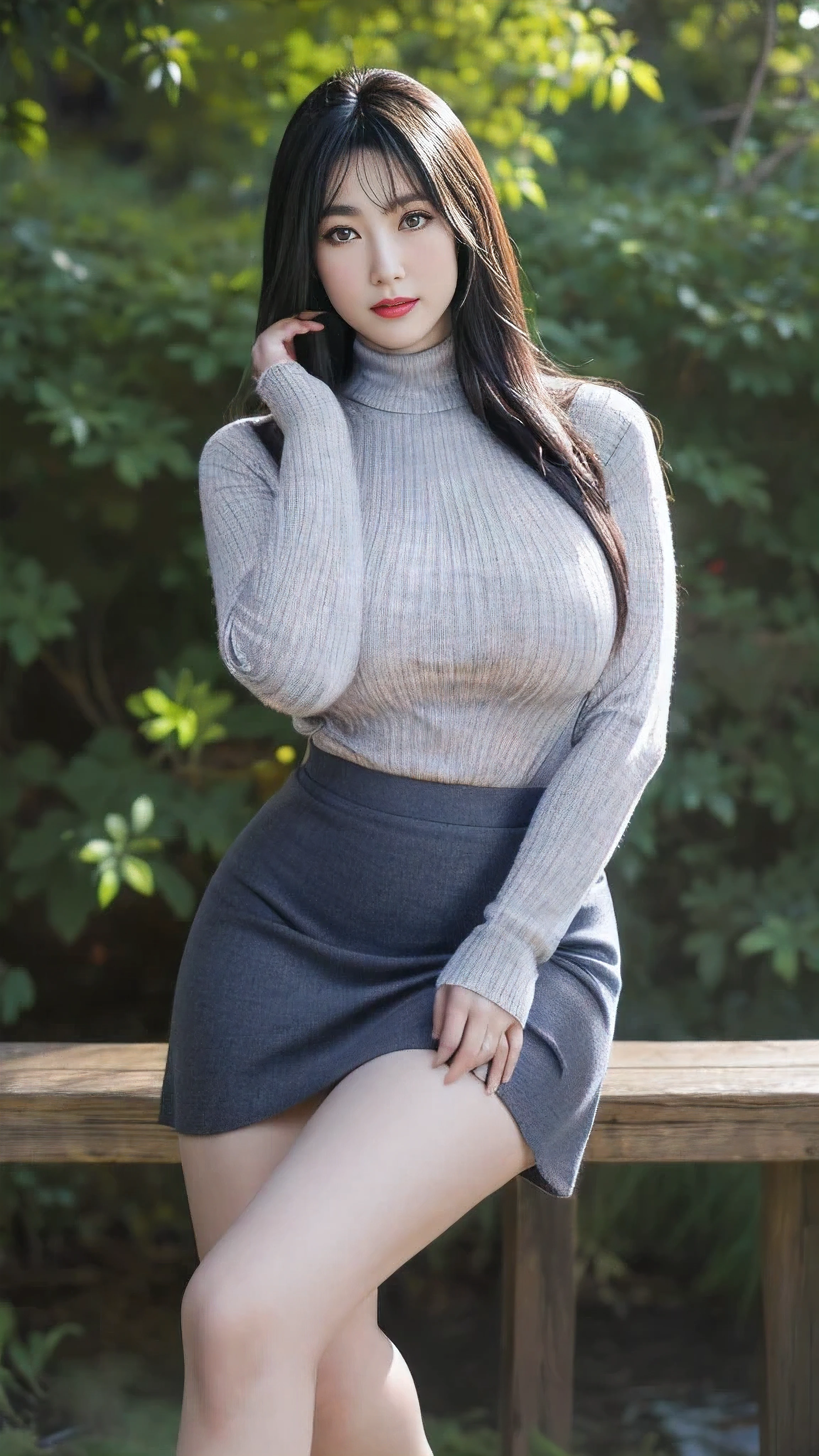 an asian japanese woman,65 years old,big eyes,Elegant temperament Elegant temperament,big case,big case,huge saasterpiece:1.2, best quality), actual, (real picture,65 years old, intricate details, depth of field,High collar blue knitted dress), awas, The content very detailed, It's a perfect face, Perfect body, large model, mature woman, High, Leg length, blackstockingeige tight knitted skirt,Polished Black Sling Shoes,nature backdrop,Bokeh,long eyelashes,dark eye shadow,Apply lipstick,Face with heavy makeup,Very detailed,
