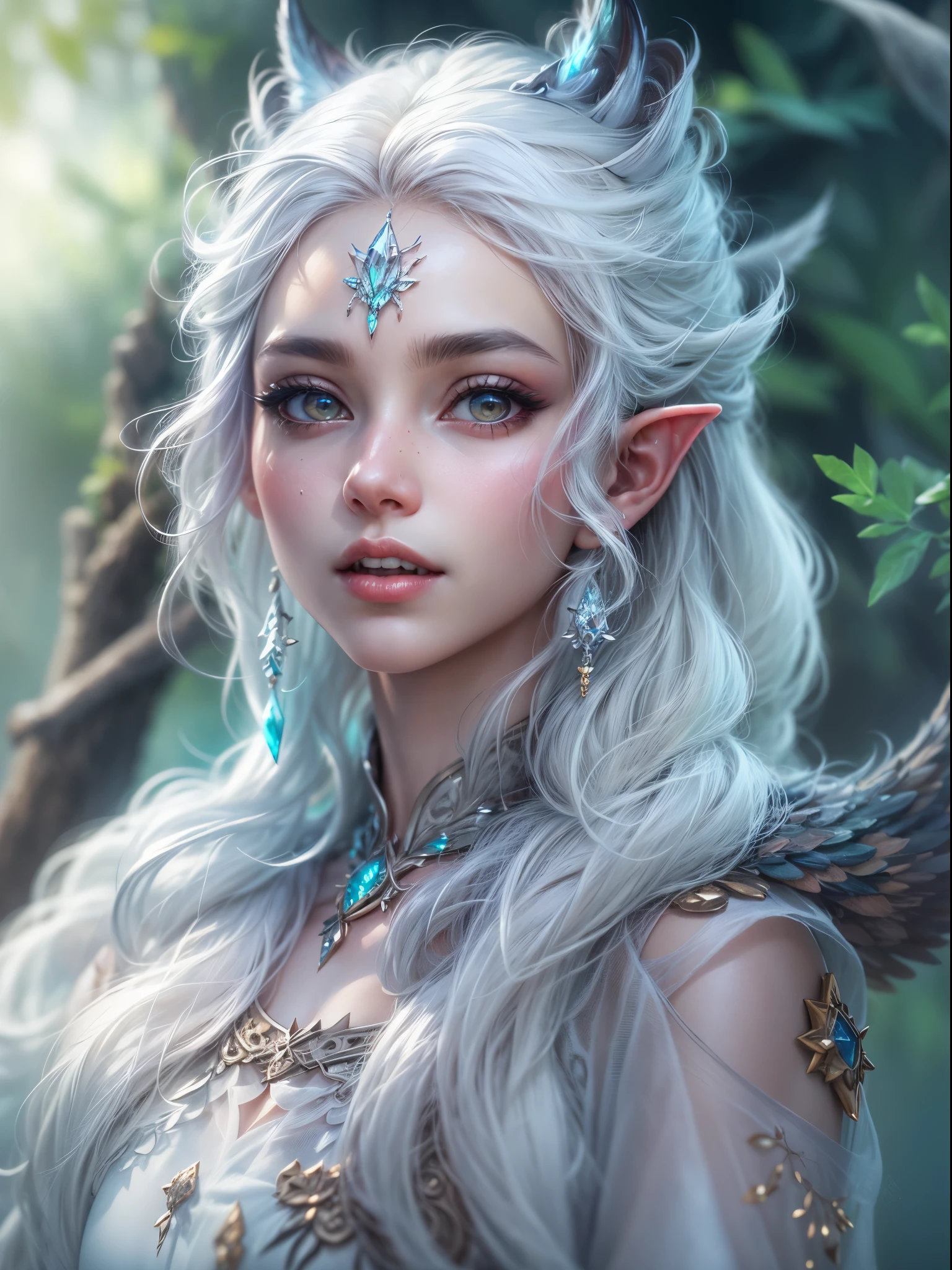 (best quality,4K,8k,high resolution,masterpiece:1.2), Super detailed, (actual,lifelike,photorealistic:1.37),Perfect work，（（（Beautiful magical elf，elf earright Eyes，Sharp teeth，white hair，voluminous and messy hair，metal crown，Shoulder）））。backlight，frozen rime，refracted light，Frost，transparent。，HDR，UHD，light，super fine painting，sharp focus，Physically based rendering，Extremely detailed description，major，Vibrant colorlur background。 Art style：portrait，Fantasy，magical creatures，Cold tones，Ethereal atmosphere。