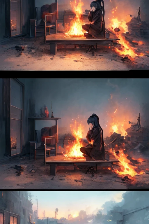 fireplace里着fire了,There a person sitting in front, 在fireplace前, fireplace, opening scene, fire, 沐浴在fire光中, Anime keyframes, Madhouse studio anime style, fire的轰鸣, Burning scene in the background, anime background, Random background scene, anime background艺术