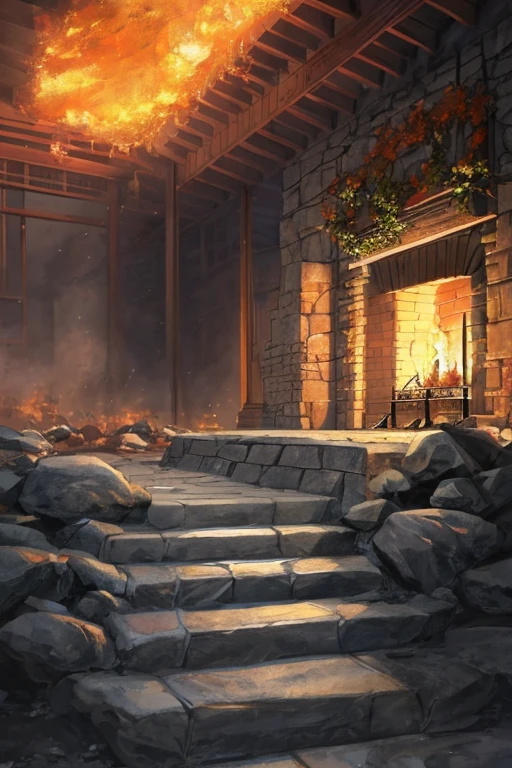 fireplace里着fire了，There  a person sitting in front, 在fireplace前, fireplace, opening scene, fire, 沐浴在fire光中, Anime keyframes, Madhouse studio anime style, fire的轰鸣, Burning scene in the background, anime background, Random background scene, anime background艺术