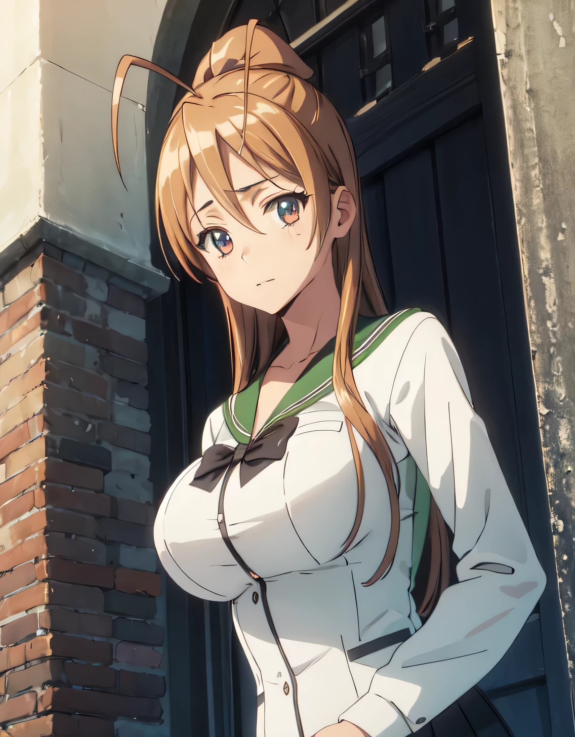 High resolution, disorganized,Rei Miyamoto, school uniform,closed mouth,(huge breasts:1.2),looking at the viewer,Are standing,((masterpiece)),((highest quality)),perfect anatomy,8K UHD,highly detailed face,luster and luster,((1 girl)),((alone)),(beautiful and fine eyes:1.5),perfect image,(Upper body:1.1),(look ahead:1.1),turn your arms behind your back,slim waist,shiny hair,outdoor,brown hair,