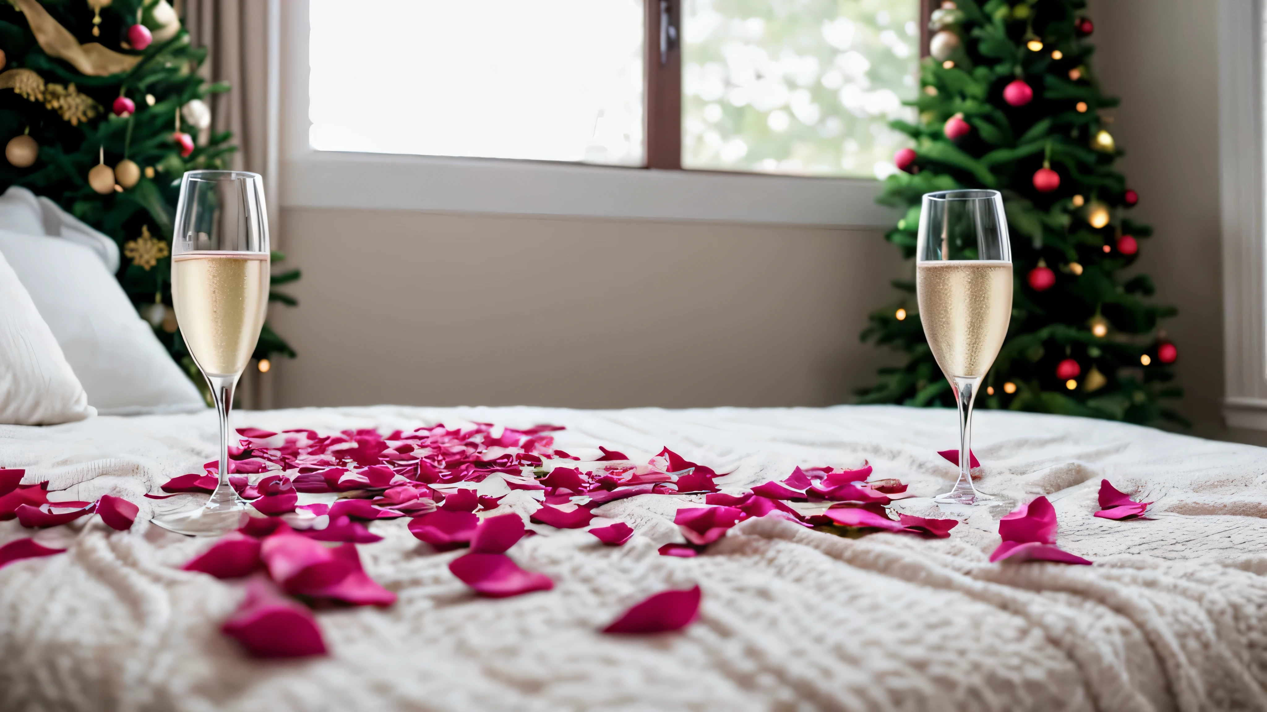 Rose petals in bed ,in the Christmas room,the bed is white and pink with a FluFFy plaid,and red rose petals on the bed,Champagne glasses stand next to each other on the table,in good Focus,F/35 mm,pure Focus,high hyper detail,High Quality 8K,contrast,post processing at a proFessional level,Detailed image,