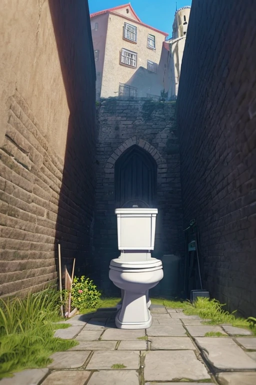 There a toilet in the narrow alley,There a sign on the wall, inside a castle courtyard, screenshot from the anime film, black clover screenshot, attack on titan scenery, ancient city streets behind her, Carl Spitzweger. Unreal Engine, in animated movies, Stand in the alley, Violet Evergarden