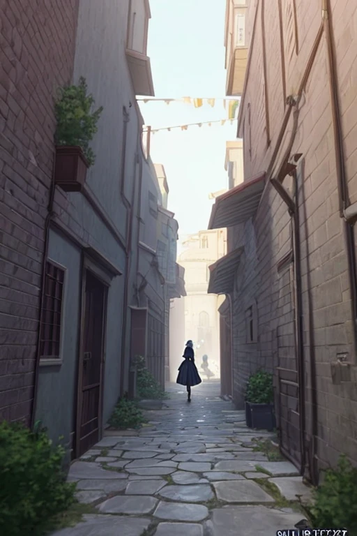 There a toilet in the narrow alley,There a sign on the wall, inside a castle courtyard, screenshot from the anime film, black clover screenshot, attack on titan scenery, ancient city streets behind her, Carl Spitzweger. Unreal Engine, in animated movies, Stand in the alley, Violet Evergarden