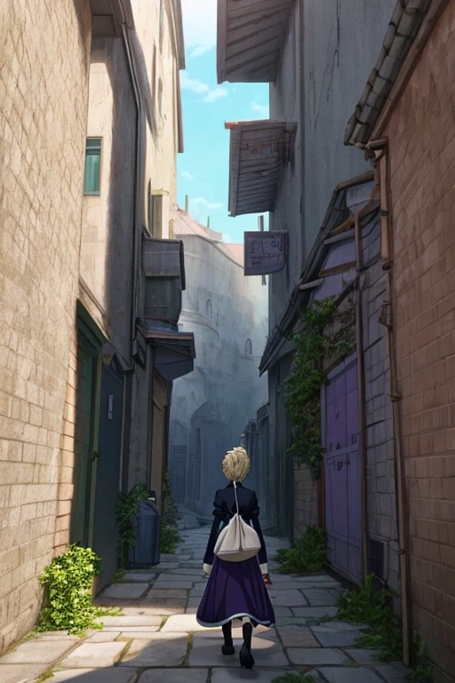 There  a toilet in the narrow alley，There  a sign on the wall, inside a castle courtyard, screenshot from the anime film, black clover screenshot, attack on titan scenery, ancient city streets behind her, Carl Spitzweger. Unreal Engine, in animated movies, Stand in the alley, Violet Evergarden
