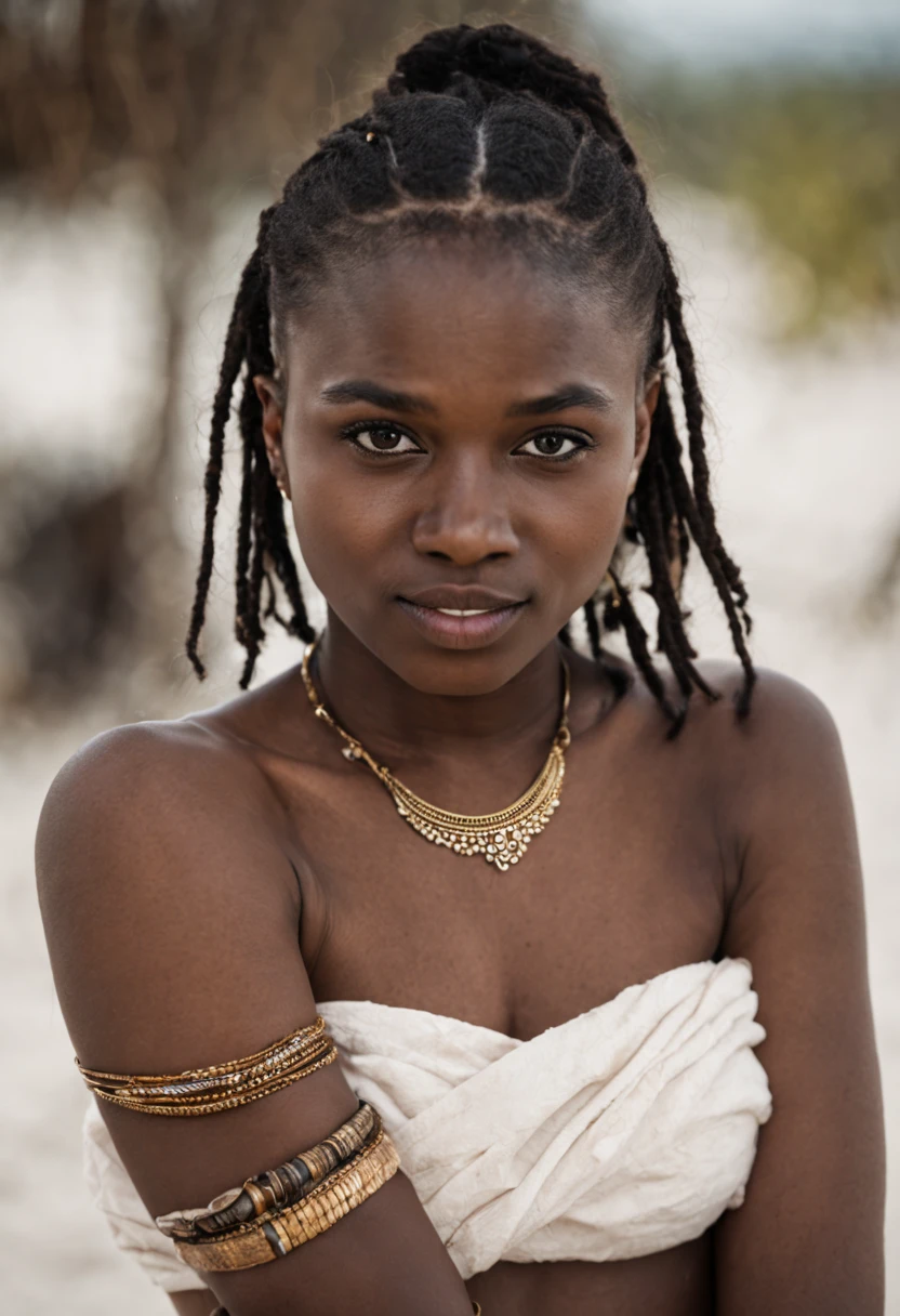photograph of a cute girl, blush, innocent, Porta 160 color, shot on ARRI ALEXA 65, bokeh, sharp focus on subject,((naked pussy)), small breast, small chest, dynamic pose, naked, ((white loincloth)), ((ebony skin:1.2)), tribal girl, ((tribal:1.4)), beach, bay, dark skin, warpaint, tribal amulets, long hairs, shy weak smile, many golden bracelets,