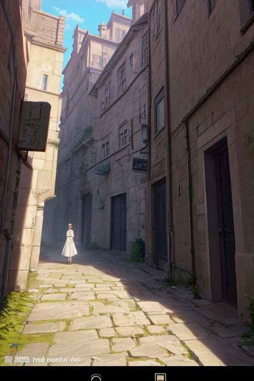 A narrow alleyway with a restroom, a sign on the wall, a castle courtyard, a screenshot from an animated movie, a screenshot from the Black Clover anime, a scenery from Attack on Titan, the ancient city streets behind her, Carl Spitzweg, Unreal Engine, in an animated movie, standing in the alleyway, Violet Evergarden