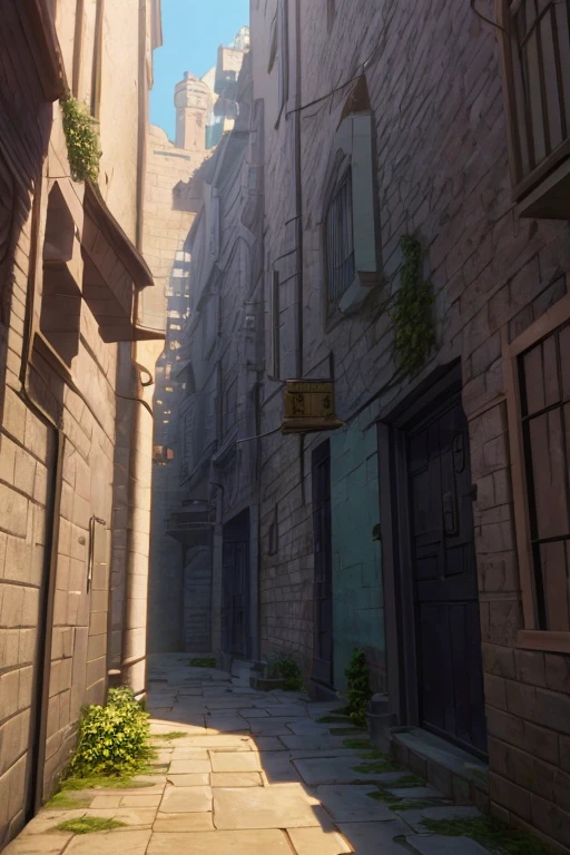A narrow alleyway with a restroom, a sign on the wall, a castle courtyard, a screenshot from an animated movie, a screenshot from the Black Clover anime, a scenery from Attack on Titan, the ancient city streets behind her, Carl Spitzweg, Unreal Engine, in an animated movie, standing in the alleyway, Violet Evergarden