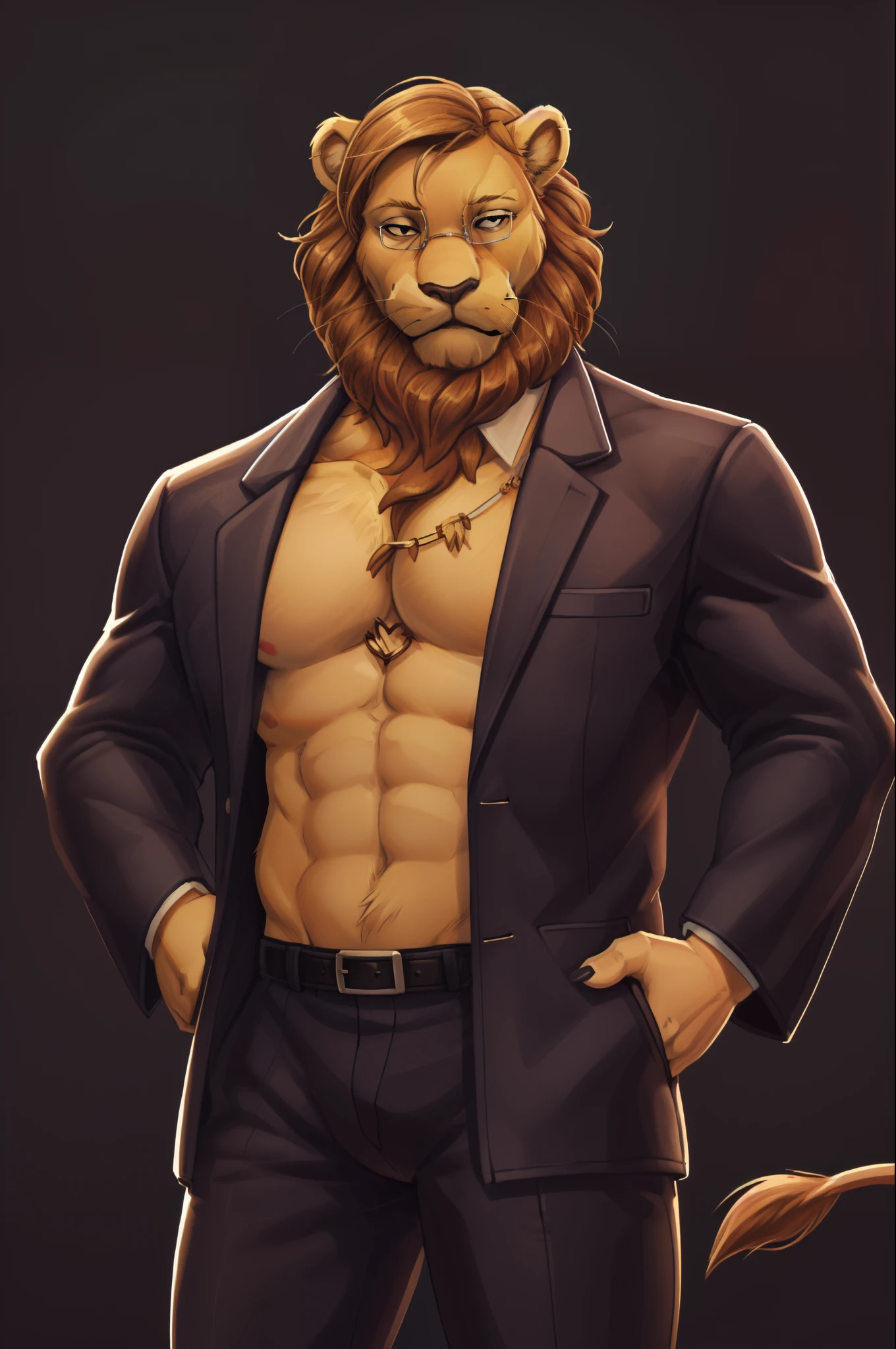 ibuki, muscular male, lion, solo, black eyes, (pose:1.osing:1.3), (soft shading), 4k, hi res, five fingers, detailed hands, ((detailed face, (detailed eyes:1.0), detailed)), (full body), by zackarry911, by zaush, (by personalami:0.5), solo, looking at viewer, shirtless, 1boy, jacket, upper body, male focus, big buff, glasses, big muscular, sexy, thong, black background