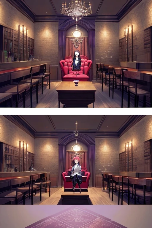 Anime scene of a girl sitting at the table with a book, Random background scene, Madhouse studio anime style, typical anime classroom, in the gryffindor common room, backroom background, background bar, decadent throne room, High from now on, anime background art, speakeasy bar background, lounge background, Animation movie screenshots, Purple leather dungeon bedroom, Classroom background