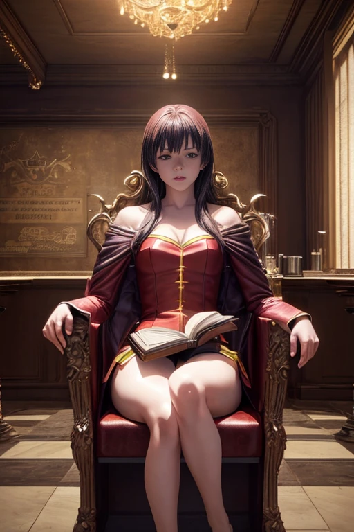 A girl sitting at a desk with a book in an anime scene, random background scene, Madhouse Studios anime style, typical anime classroom, in the Gryffindor common room, behind-the-scenes background, background bar, decadent throne room, elevated from now on, anime background art, underground bar background, lounge background, anime movie screenshot, purple leather dungeon bedroom, classroom background. (best quality, 4k, 8k, highres, masterpiece:1.2), ultra-detailed, (realistic, photorealistic, photo-realistic:1.37), HDR, UHD, studio lighting, ultra-fine painting, sharp focus, physically-based rendering, extreme detail description, professional, vivid colors, bokeh.