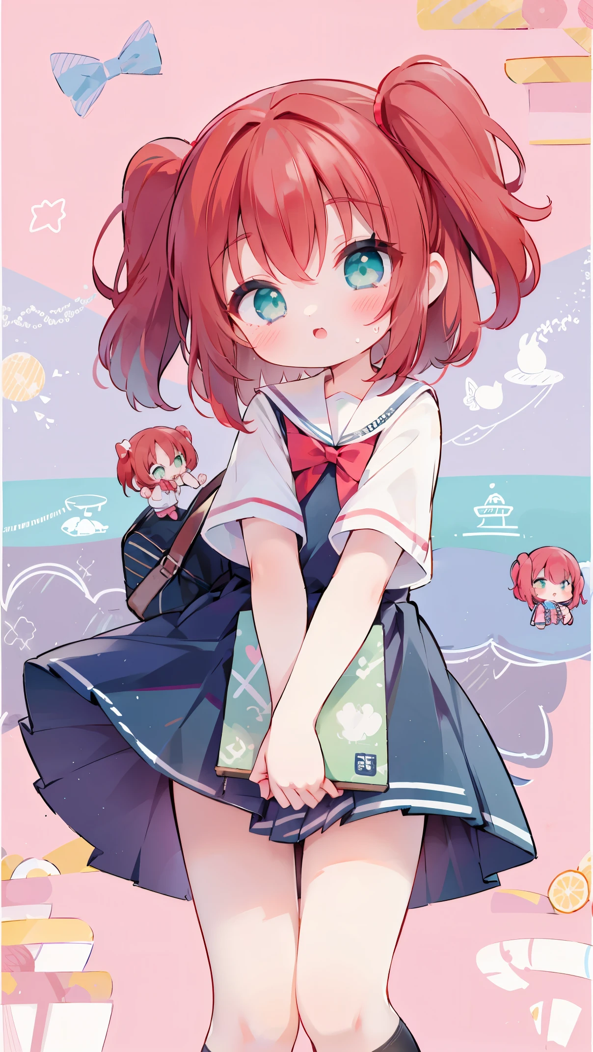 ((Chibi)), Ruby kurosawa, aqua eyes, medium hair, red hair, two side up, twintails,, High resolution, middle age, school uniform, standing 