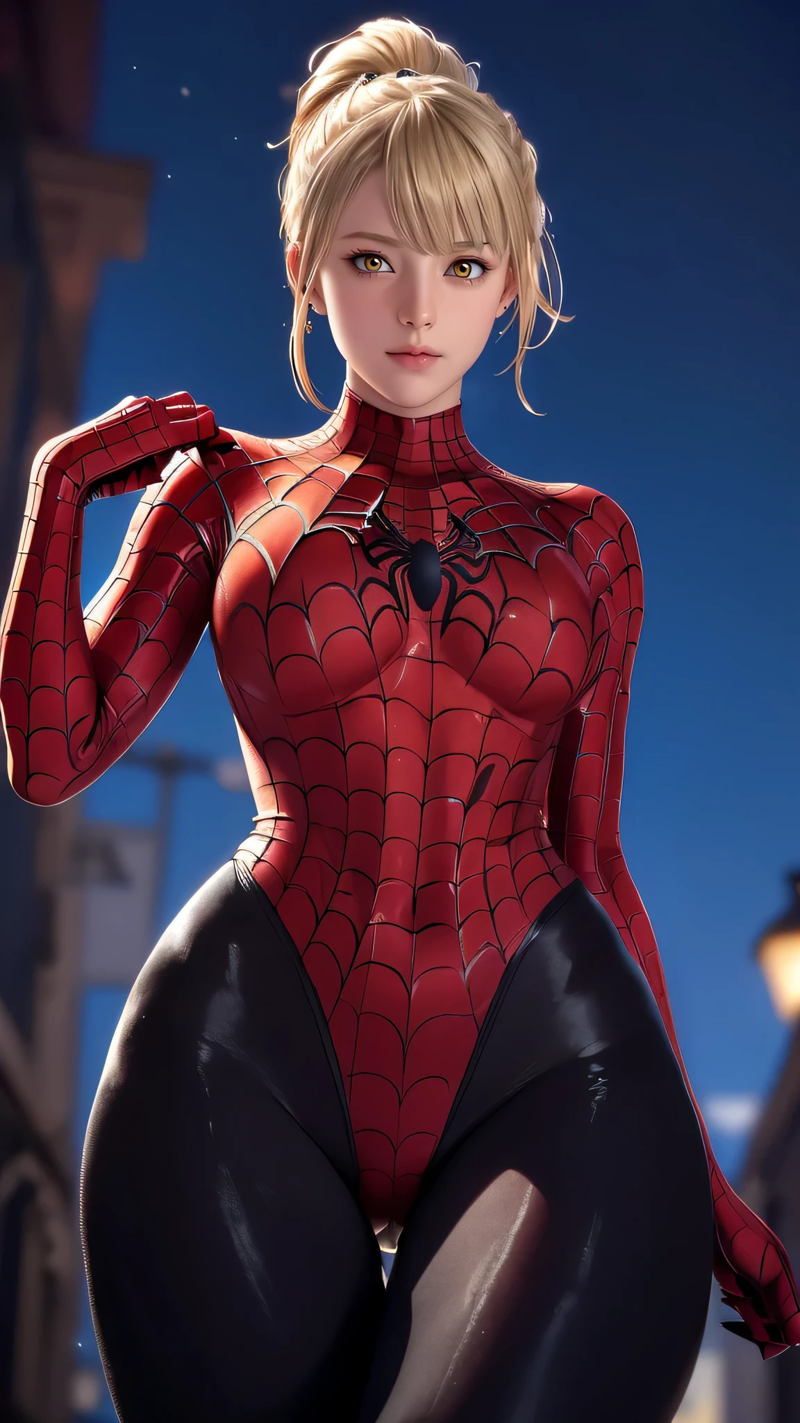 （（（blonde hair, Bangs, hair accessories, ponytail, yellow eyes, orange eyes, hair between eyes,（（（Denia，spider man，spider man服装，spider tights ））），（（（wide hips））），S-shaped body:1.7））），((masterpiece)),high resolution, ((Best quality at best))，masterpiece，quality，Best quality，（（（ Exquisite facial features，looking at the audience,There  light in the eyes，Ha ha，confidence ））），（（（Light and shadow interlace，huge））），（（（from below，sit astride，city background，赛博city background）））