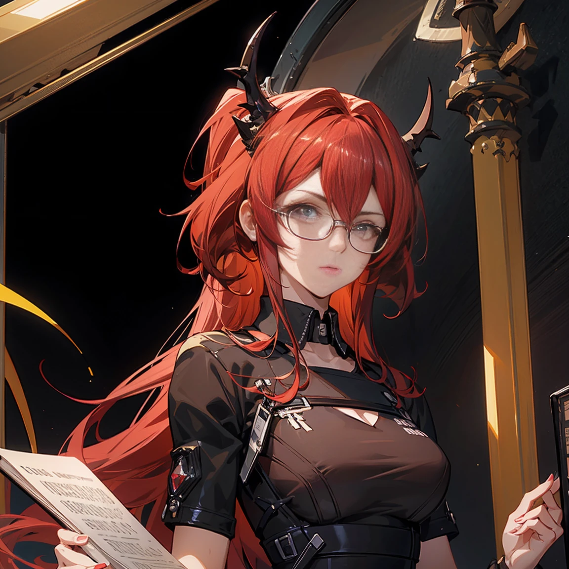 Mature anime girl (28 years old), red hair, high ponytail, one white streak of hair in the front, crystal hair band , ((glasses)), librarian dress, shoulder pads that look like wings, color palette red gold and teal, books