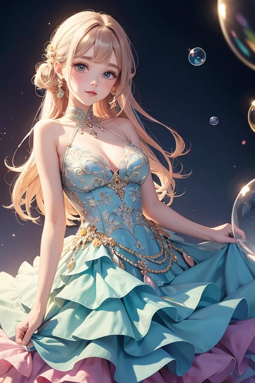 masterpiece, best quality, 8k resolution, sharp focus, intricate detail, beautiful girl, sparkling eyes, golden ratio face, otherworldly liquid, watercolor, ((pastel colorright colors, whimsical, colorful, sharp focus, high resolution, fine detail, ((layered ballgown)), iridescent bubbles