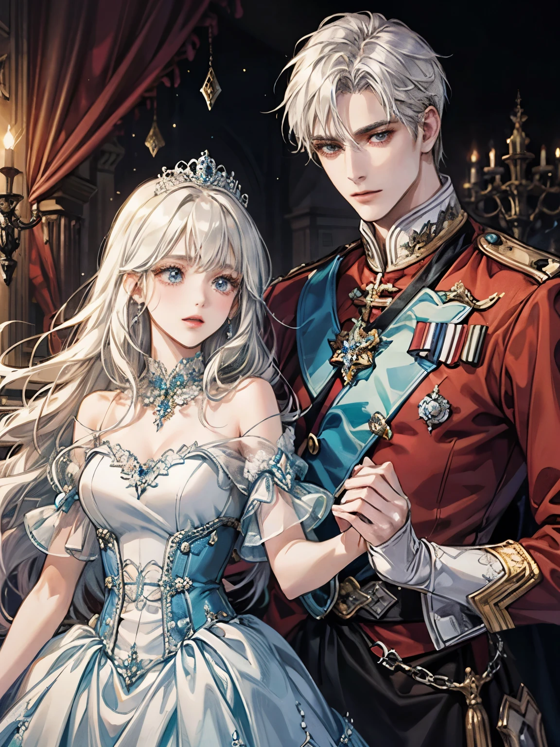 ((highest quality))、((masterpiece)) White and blue princess dresses、light、Girl with long white hair、palace、Brilliant、happy man and woman dancing waltz、blonde guy、detailed face、Woman with white hair、high resolution、the face becomes clearer、party、Prince and Princess、Man with short hair、Castle、最high resolution