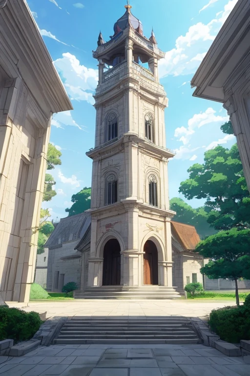 Animation picture of a large building with a bell tower in the middle, Madhouse studio anime style, Madhouse anime style, milky white palace, palace background, in their noble mansions, (Yuki), Japanese high school, anime scene, magnificent masterpiece, Screenshot of the 2012 animation, anime background art, Wide-angle lens