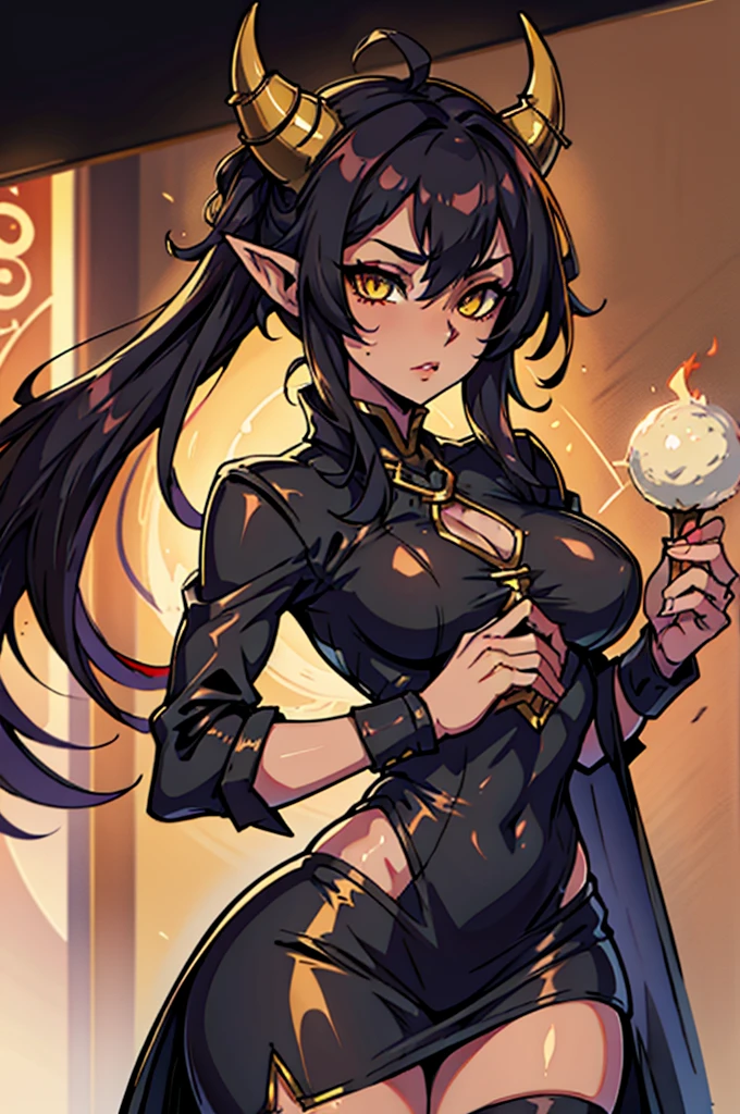(huge breasts:1.4)(masterpiece) (high quality) (best quality) (1girl), (solo), (Intricate detailing:1.2), narrow waist, (looking at viewer), huge ass, Meru the Succubus, red skin, yellow eyes, oni horns, oni tail, black hair, striped knee highs, pleated skirt, black sweater, bare shoulders, black queen crown, hand to mouth, smirk, seductive pose,
