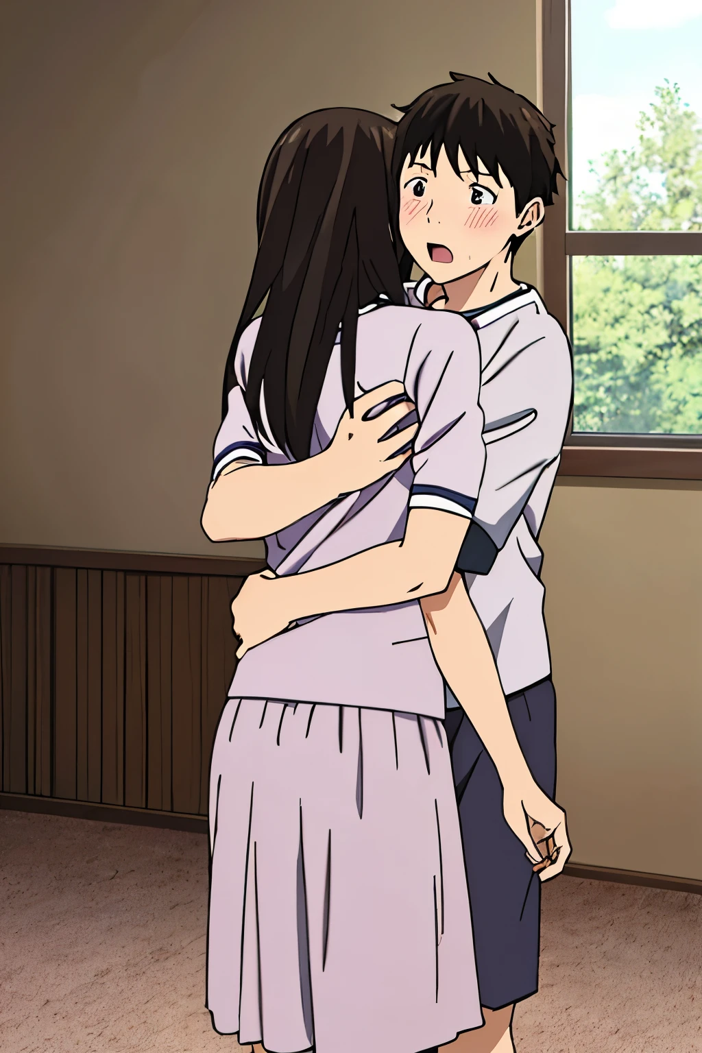 1boy, buzzcut, 1girl, bangs, black hair, blush, medium breast, gym short sleeve white shirt, gym shorts, cute, love, couple, adorable, dating, face to face, girl back leaning wall, indoors, bedroom, force hug, boy biting girl's neck