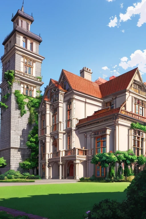 Painting of a large house with bell tower and fence, Madhouse studio anime style, Madhouse anime style, huge mansion, The headquarters  very detailed, Screenshot of the 2012 animation, Gothic mansion, 1 8th century manor house, anime scene, Vaporwave Building, in their noble mansions, wealthy house, madhouse anime studios