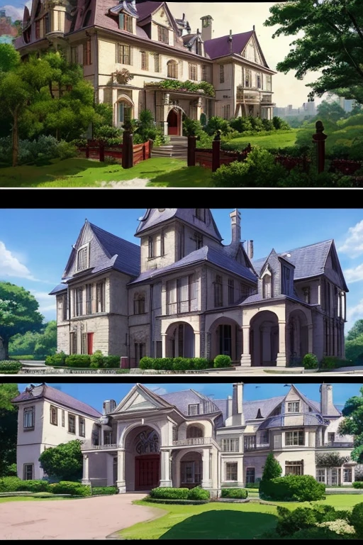 Painting of a large house with bell tower and fence, Madhouse studio anime style, Madhouse anime style, huge mansion, The headquarters very detailed, Screenshot of the 2012 animation, Gothic mansion, 1 8th century manor house, anime scene, Vaporwave Building, in their noble mansions, wealthy house, madhouse anime studios